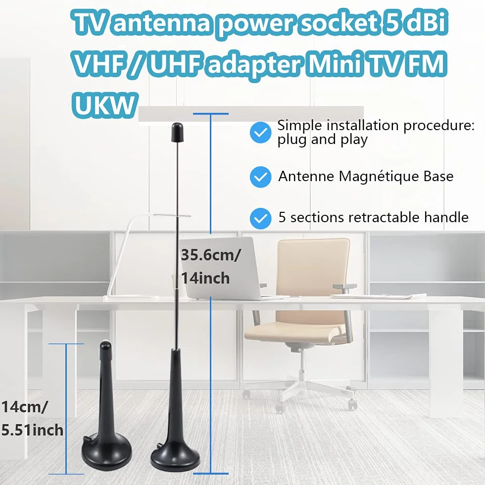 Vecys DVB-T TV Antena Digital HDTV con Base Magnética, 5 Secciones Poste Telescópico, 5dBi VHF/UHF, 1.5m Cable Coaxial