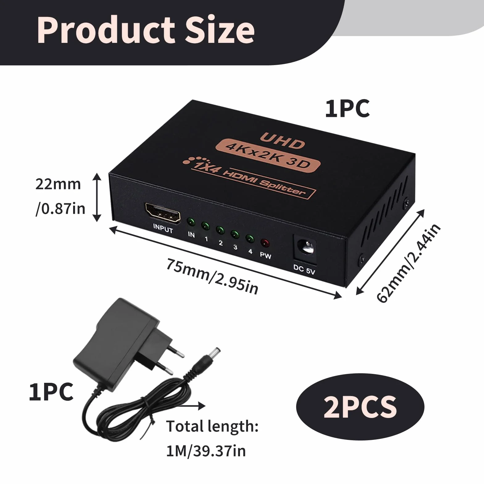 Splitter HDMI 1x4 4K 60Hz 3D, Duplicador HDMI 1 Entrada 4 Salidas 1080P 2K