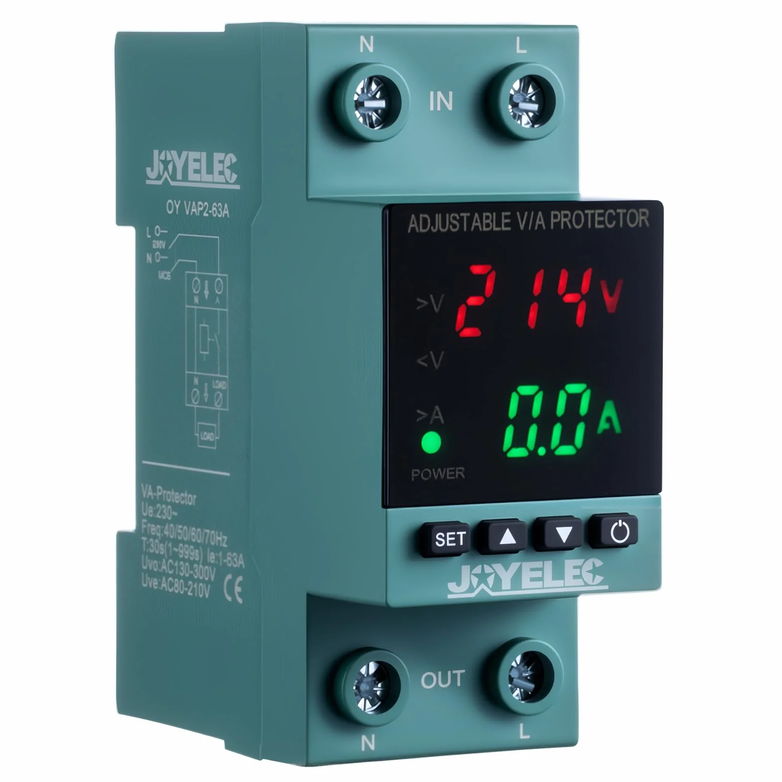 Protector Sobretensiones, Dispositivo Ajustable Subtensión Estabilizador Voltaje AC230V 63A 2P, Restablecimiento Automático, Protección Sobrecorriente,con Luz LED y Pantalla Voltaje