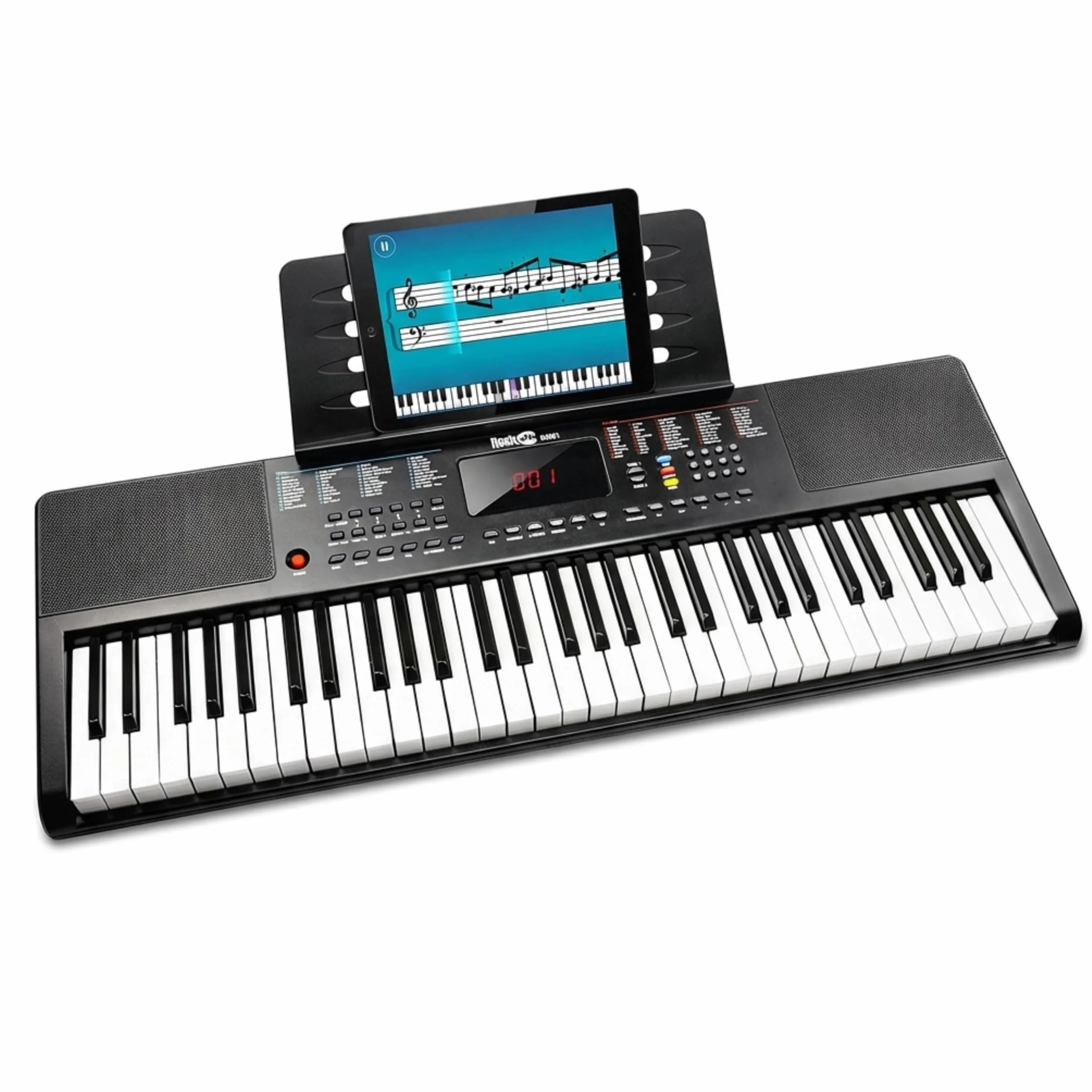 Teclado RockJam compacto de 61 teclas con soporte para partituras, fuente de alimentación, pegatinas para notas de piano y lecciones de piano simples