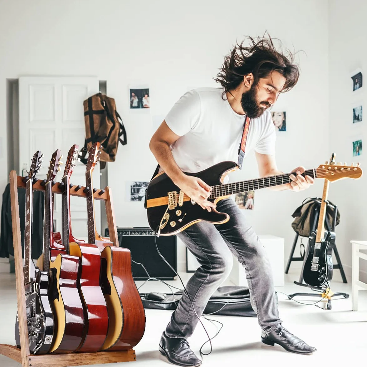 Soportes de Guitarra,HilerPunk Soportes de Guitarra de Madera Múltiple,Soporte de Guitarra de Suelo con Ranura para Púas de Fieltro y Estacas de Madera de Espuma Ajustables,para Casa o Estudio