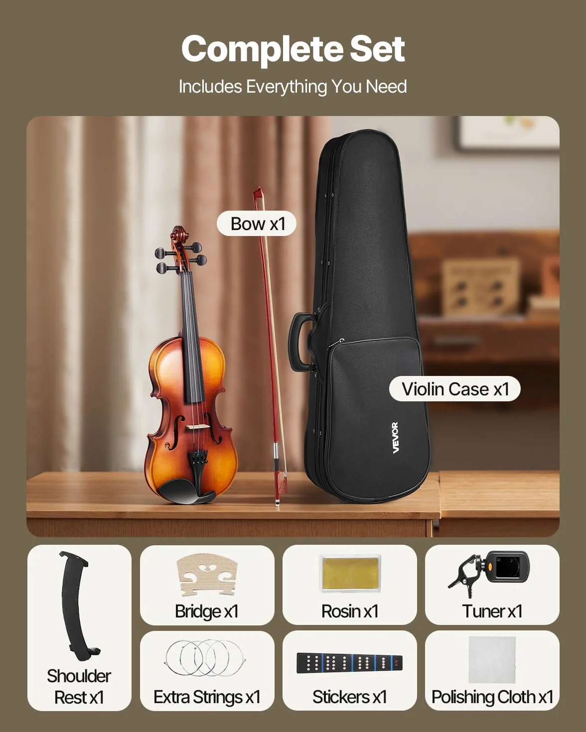 VEVOR Violín de 355 mm de Tamaño Completo, Kit de Violín con Estuche Rígido, Resina, Arco, Hombrera, Puente, Afinador y Cuerdas Adicionales, Instrumento Musical Profesional para Estudiantes, Marrón