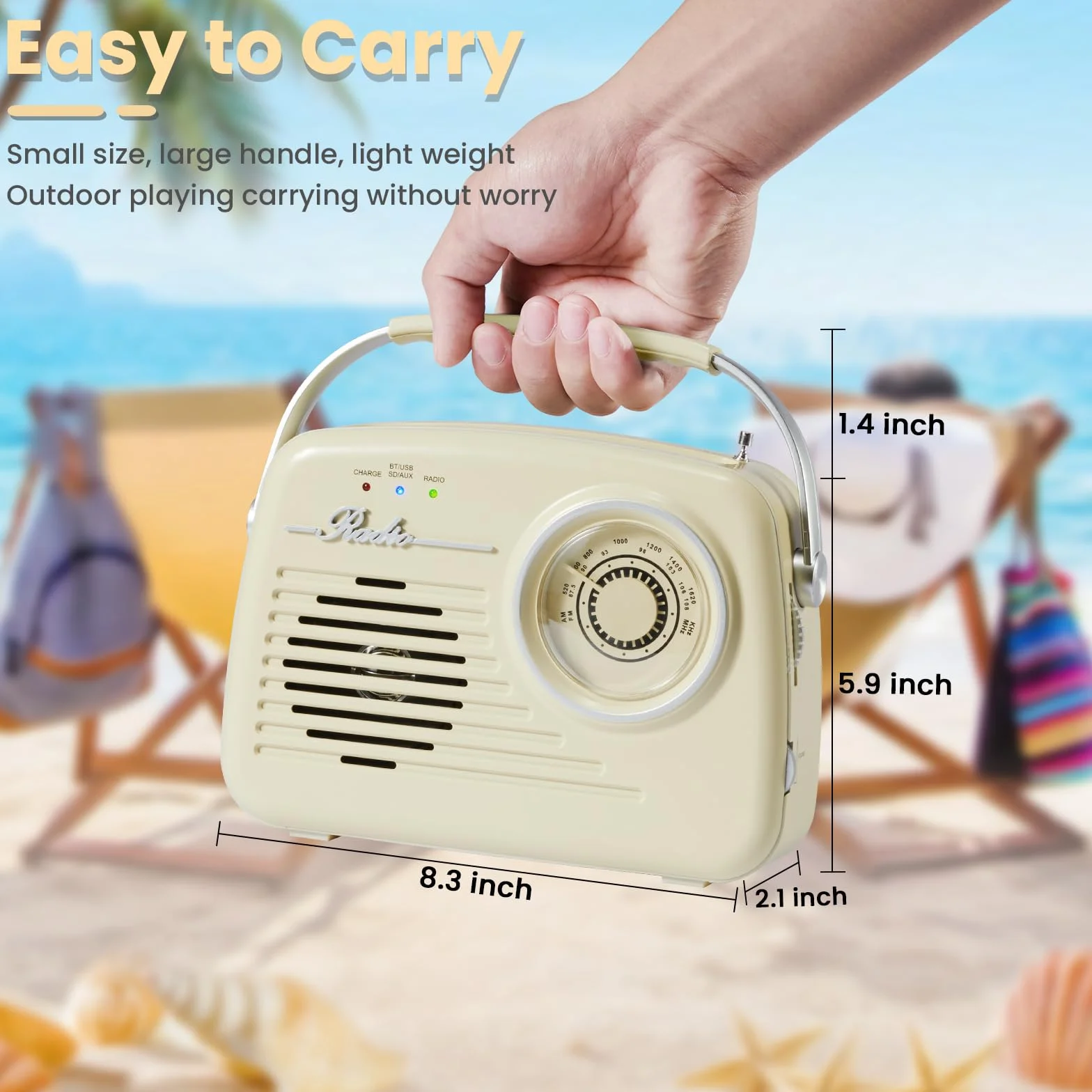 Radio Retro Am FM, Pequeñas Radios Portátiles con Bluetooth, Funcionan con Pilas C*4 O Enchufadas a La Pared, Soportan Tarjeta SD/USB/Entrada AUX/Salida de Auriculares para Casa/Exterior（Beige）