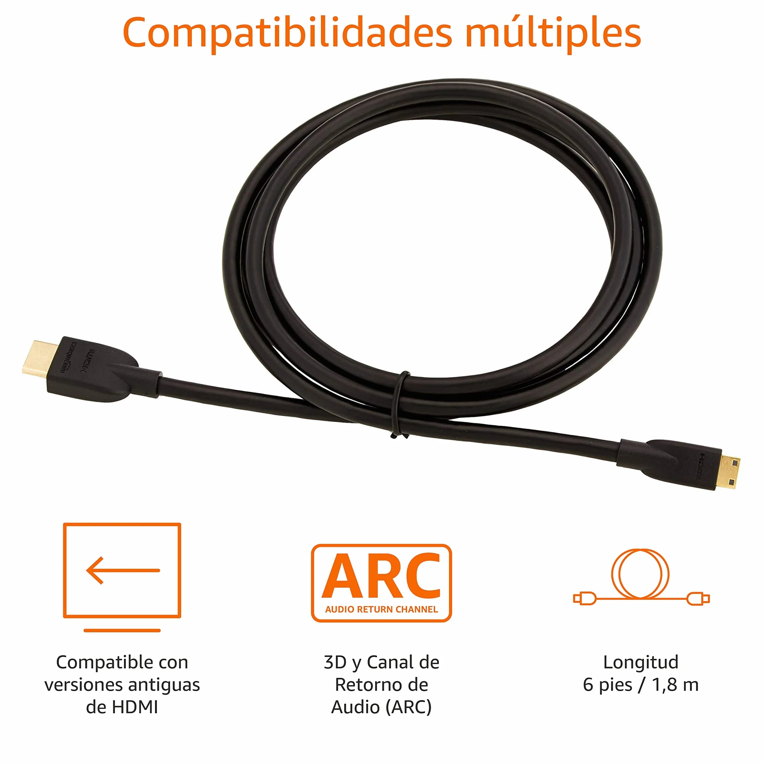 Amazon Basics Cable Mini HDMI de Alta Velocidad a HDMI 1.8 m Negro