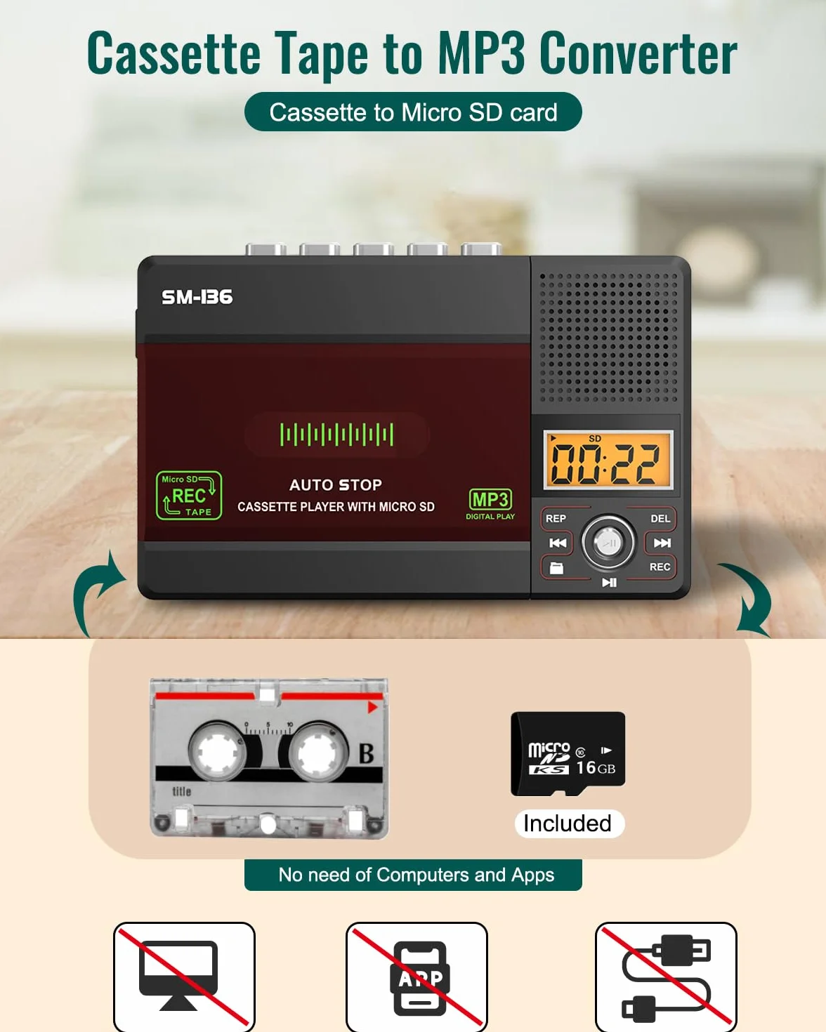 SEMIER Reproductor de Cinta de Casete Pequeño USB C SD Convertidor Digital Audio a MP3 Grabación Micrófono Pantalla LCD Altavoz