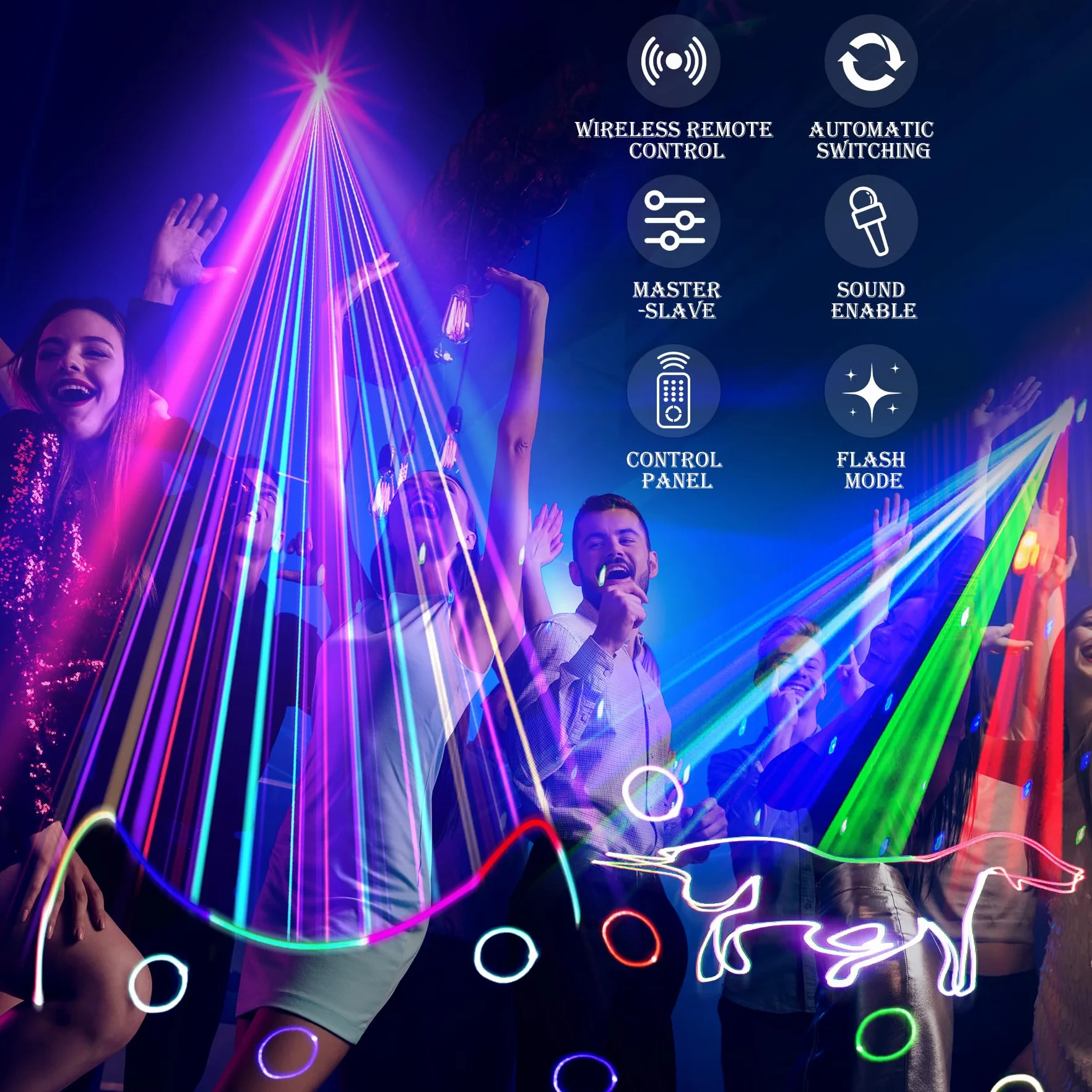 3D Animación Luces Discoteca, DJ RGB Luces Discoteca, DMX Sonido Activado Luces De Fiesta, Luces con Mando a Distancia, Luz Estroboscópica con Control Remoto para Fiesta Party Boda Escenario