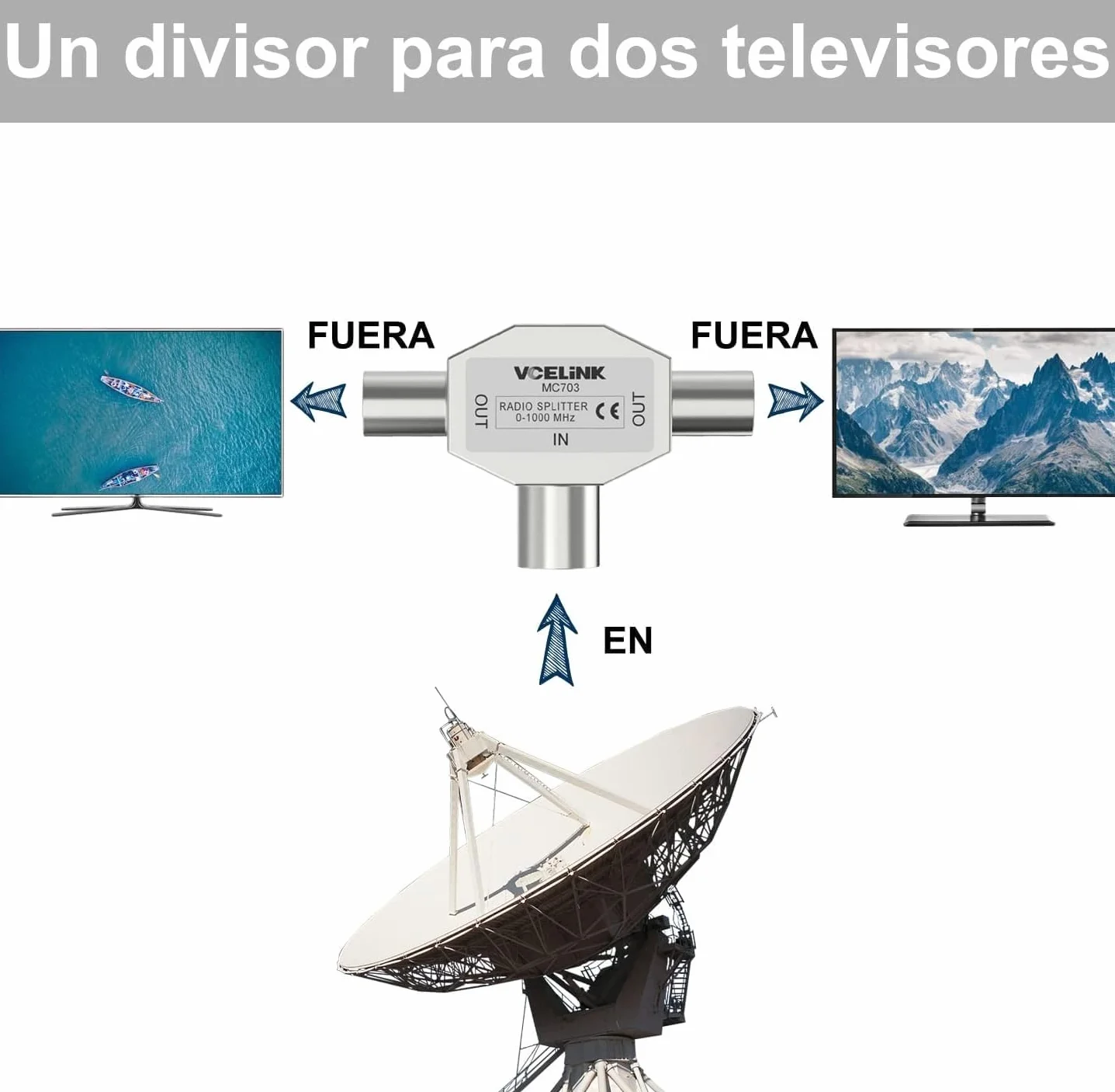 TECHZOCO Distribuidor de TV, Distribuidor de antena, divisor TV, Adaptador antena en T, Divisor Coaxial en T, Adaptador doble coaxial, 5-1000 MHz, DVB-T2, Metálico, 2 salidas Macho a 1 Entrada Hembra