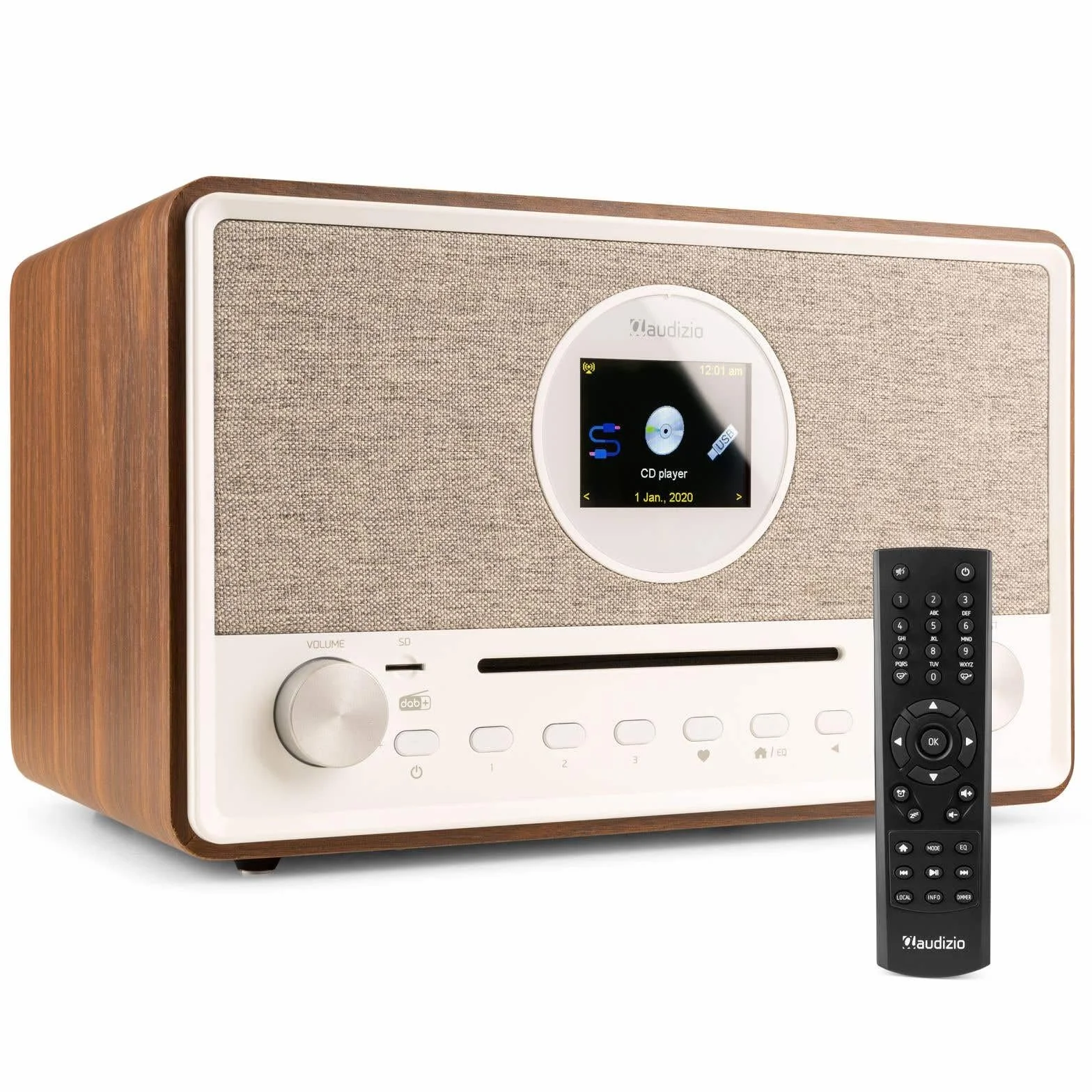 Audizio Lucca Radio Internet con Dab+ y Reproductor CD Acabado en Madera, Bluetooth 5.0, conexión WiFi, conexión USB y Entrada MicroSd, Display de 2,8", función Sleep, Doble Alarma, Mando a Distancia
