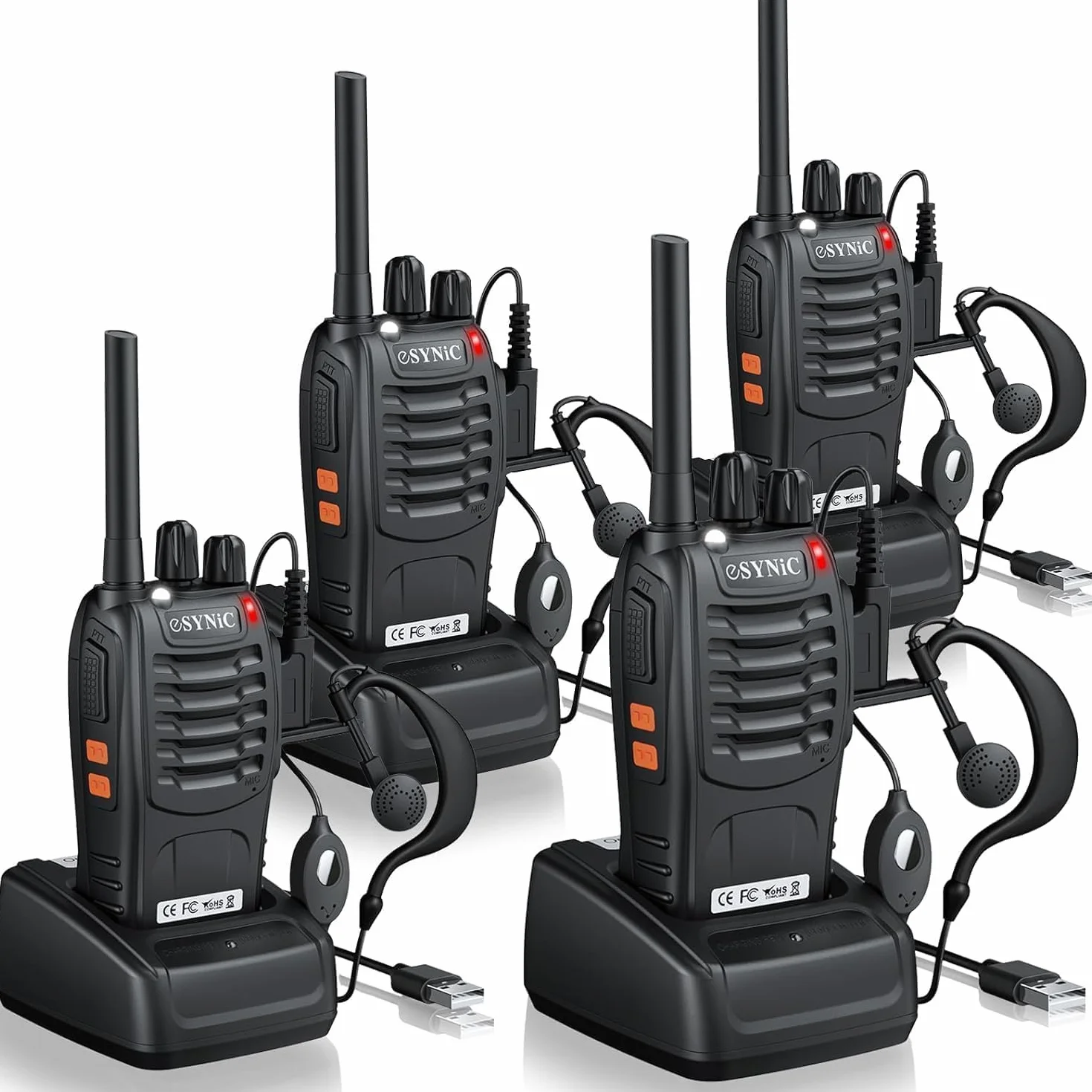 eSynic 4PCS Walkie Talkies de Larga Distancia con Auriculares Walkie-Talkie Profesional 16 Canales 1500mAh con Cargador USB Soporta VOX para Sobrevivir en el Campo Ciclisimo