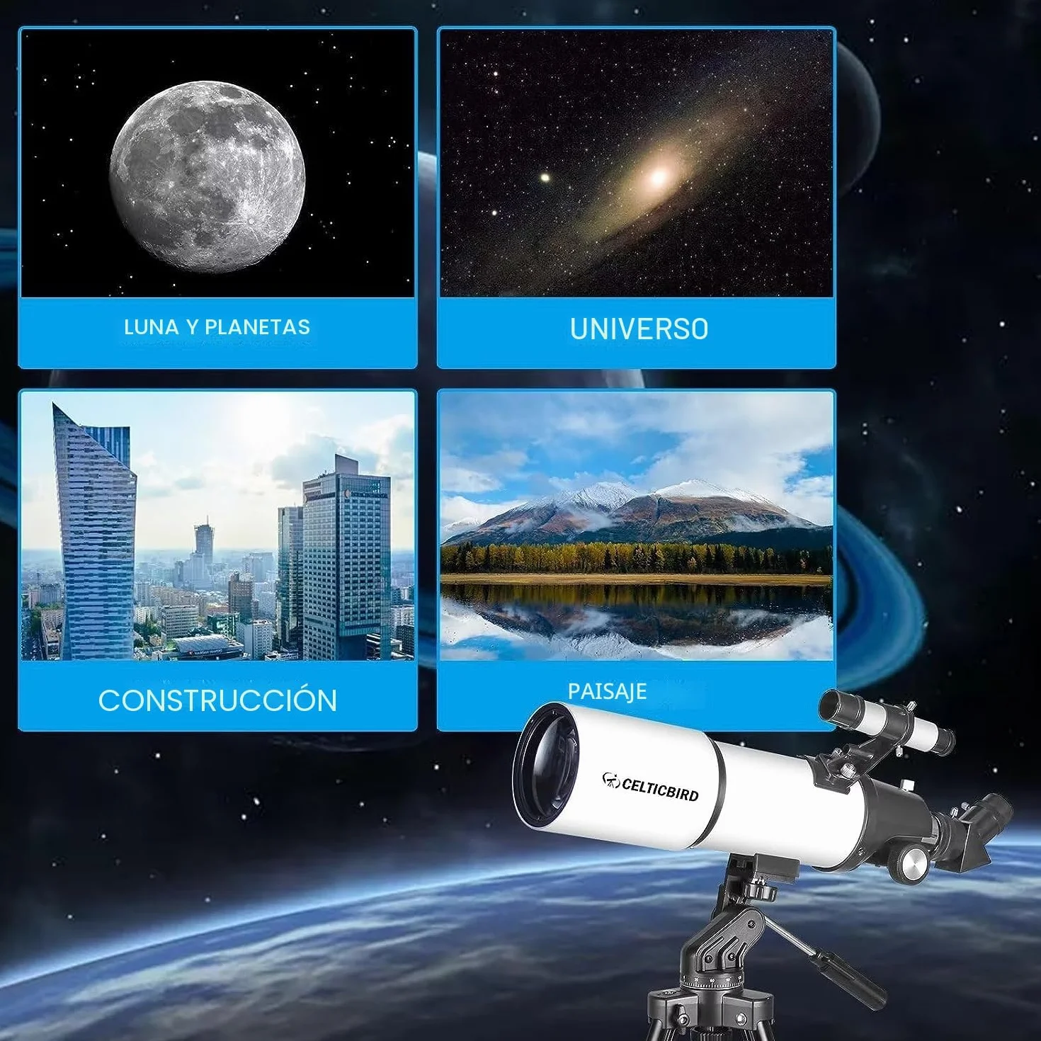 CELTICBIRD Telescopio para Adultos Principiantes en astronomía - Telescopio Refractor portátil astronómico Revestimientos de Alta transmisión Totalmente Multicapa Montaje AZ （80600）