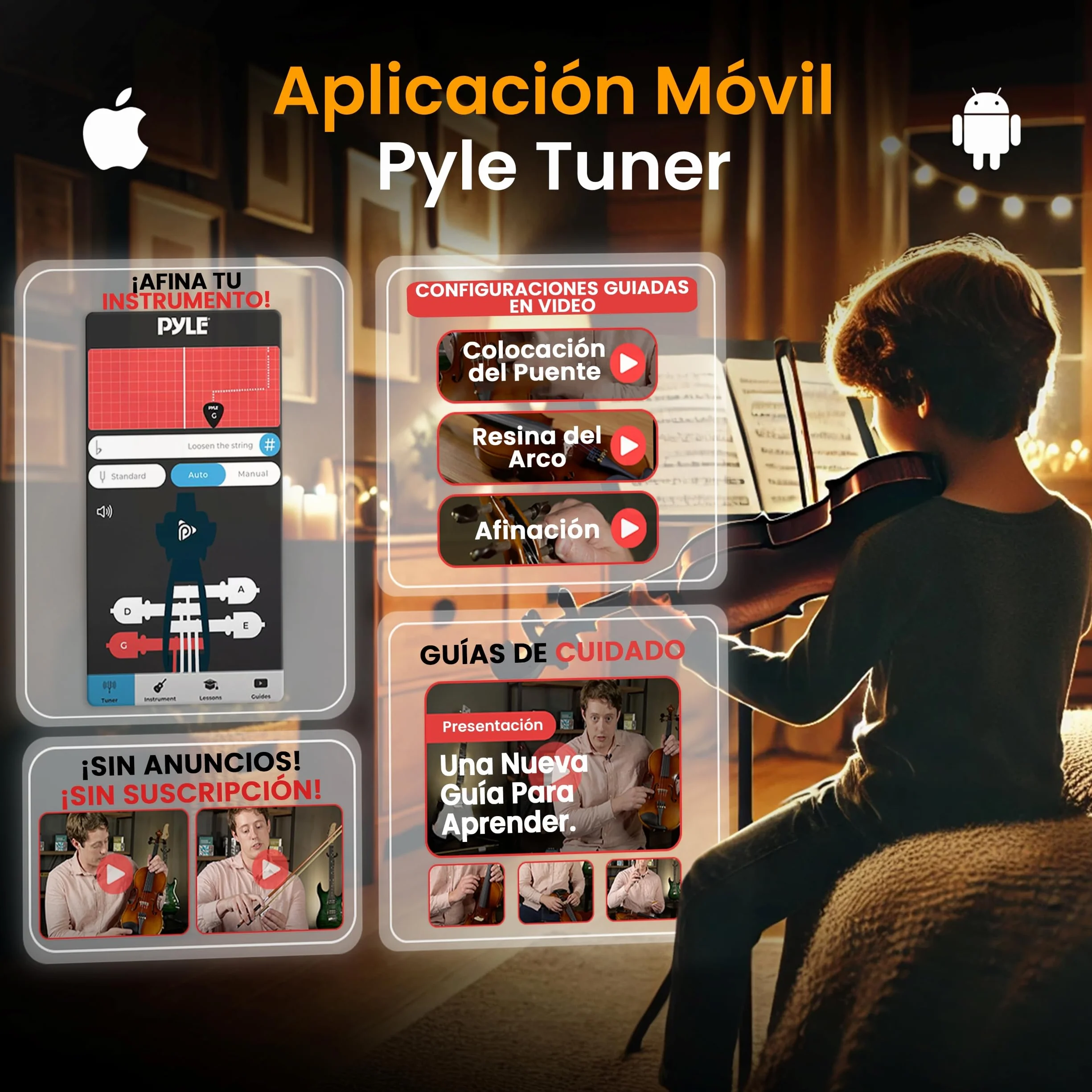 Pyle violin 4/4, Set para principiante y niños, Con estuche, Paño de limpieza, Reposabrazos ergonomico, Afinador digital, Cuerdas adicionales
