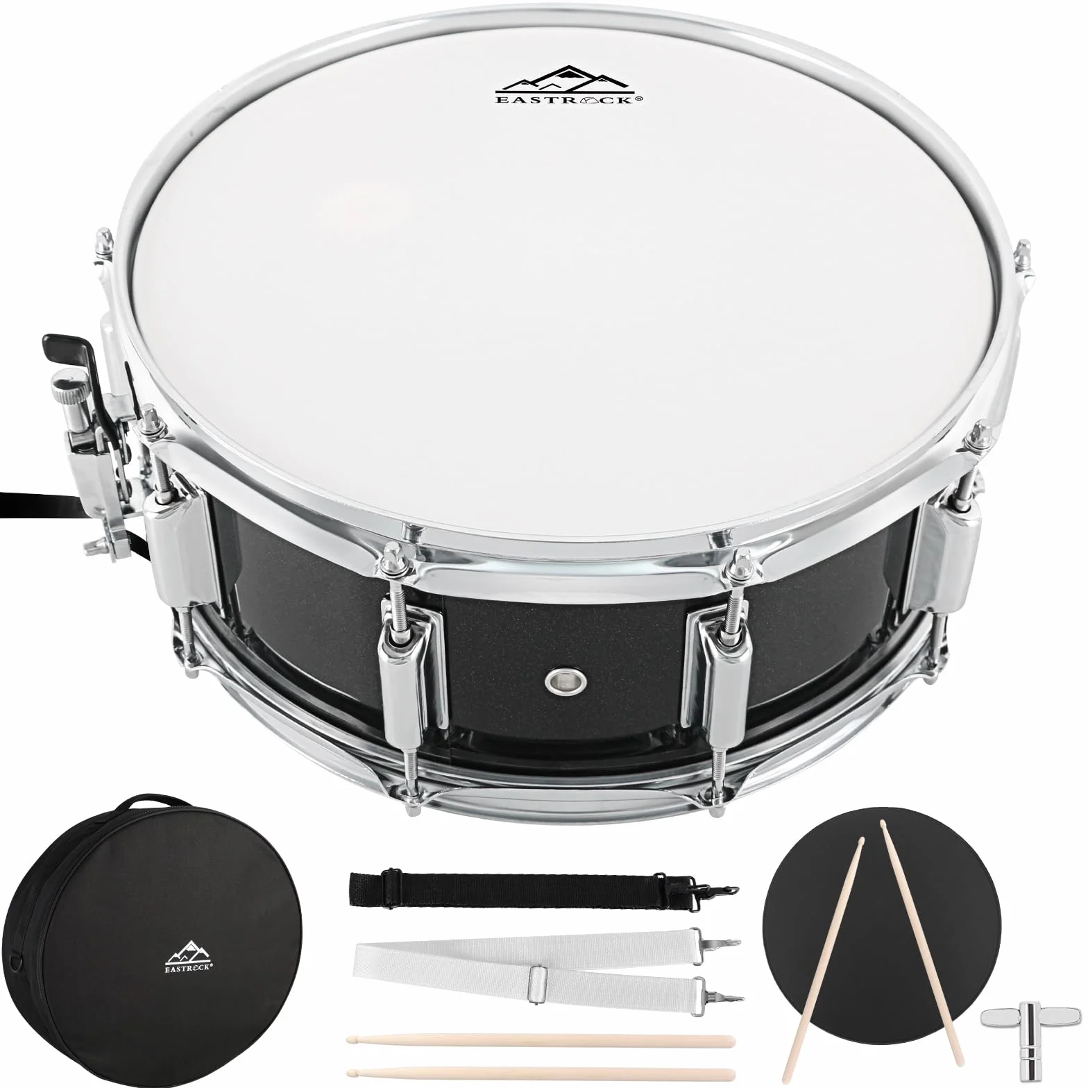EASTROCK - Tambor de tambor (14×5.5 pulgadas) para estudiantes, principiantes con bolsa de concierto, palos, llaves de tambor y kit de almohadilla de práctica, color negro