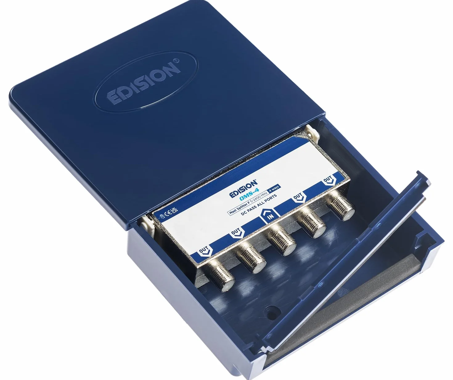 EDISION OMS-4 Repartidor de Mástil 4 Salidas Exterior, Adecuado para Terrestre, Satélite, Televisión por Cable, Unicable, 5-2400mhz, DVB-S2, DVB-T2, DVB-C, Paso de DC, Caja Estanca Exterior, 4-Vías