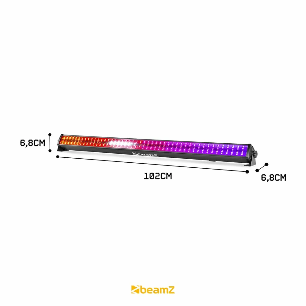 BeamZ LCB288 - Barra LED RGB+Blanco con 288 LEDs SMD, efectos wash y estrobo, control DMX, maestro/esclavo, secciones 3x16, iluminación profesional para DJ, fiestas, escenarios y discotecas