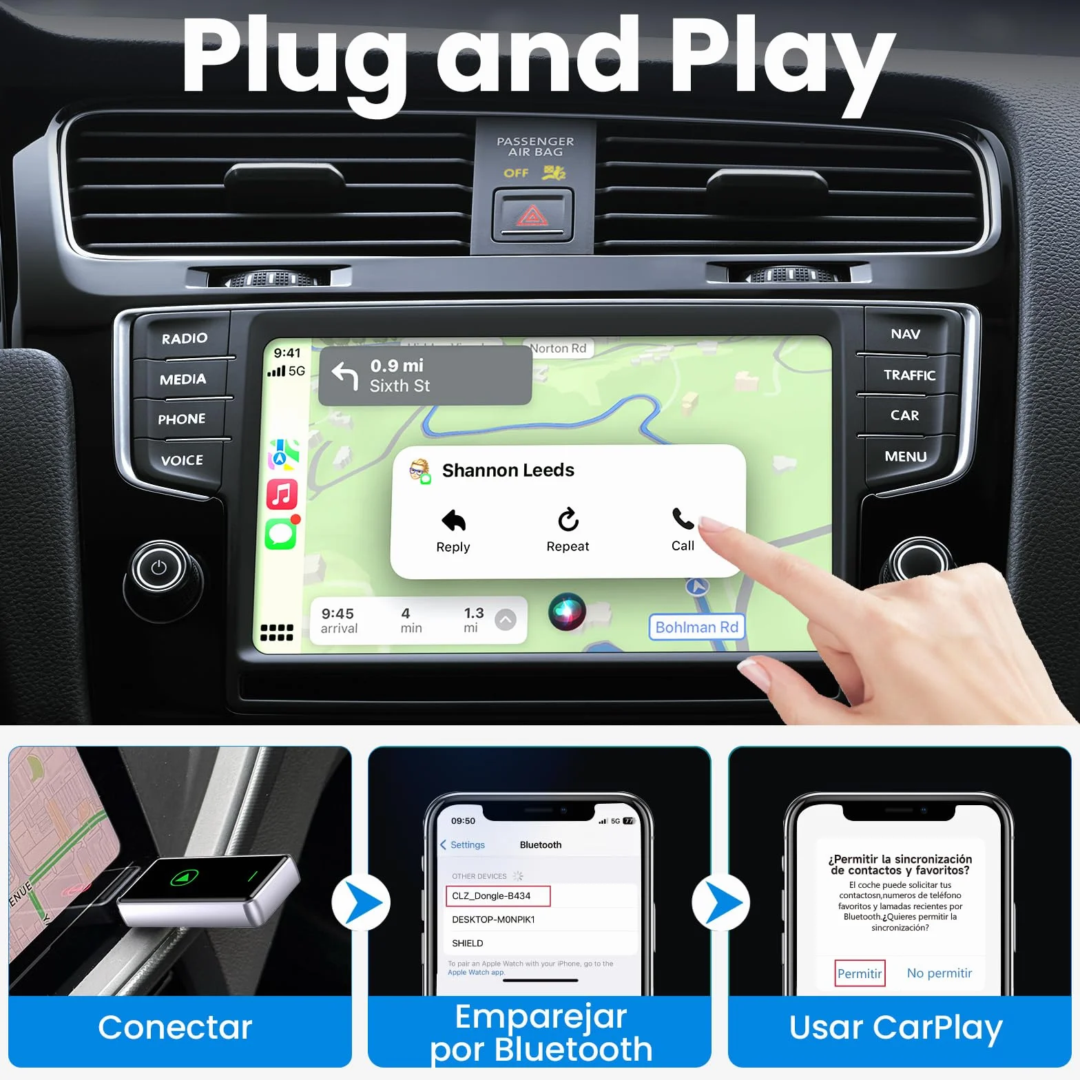 S1 Adaptador CarPlay Inalámbrico para Coche con CarPlay por Cable, Convierte CarPlay con Cable a Inalámbrico, USB A/C Plug and Play, Compatible iOS 10+ y Coches con Car Play