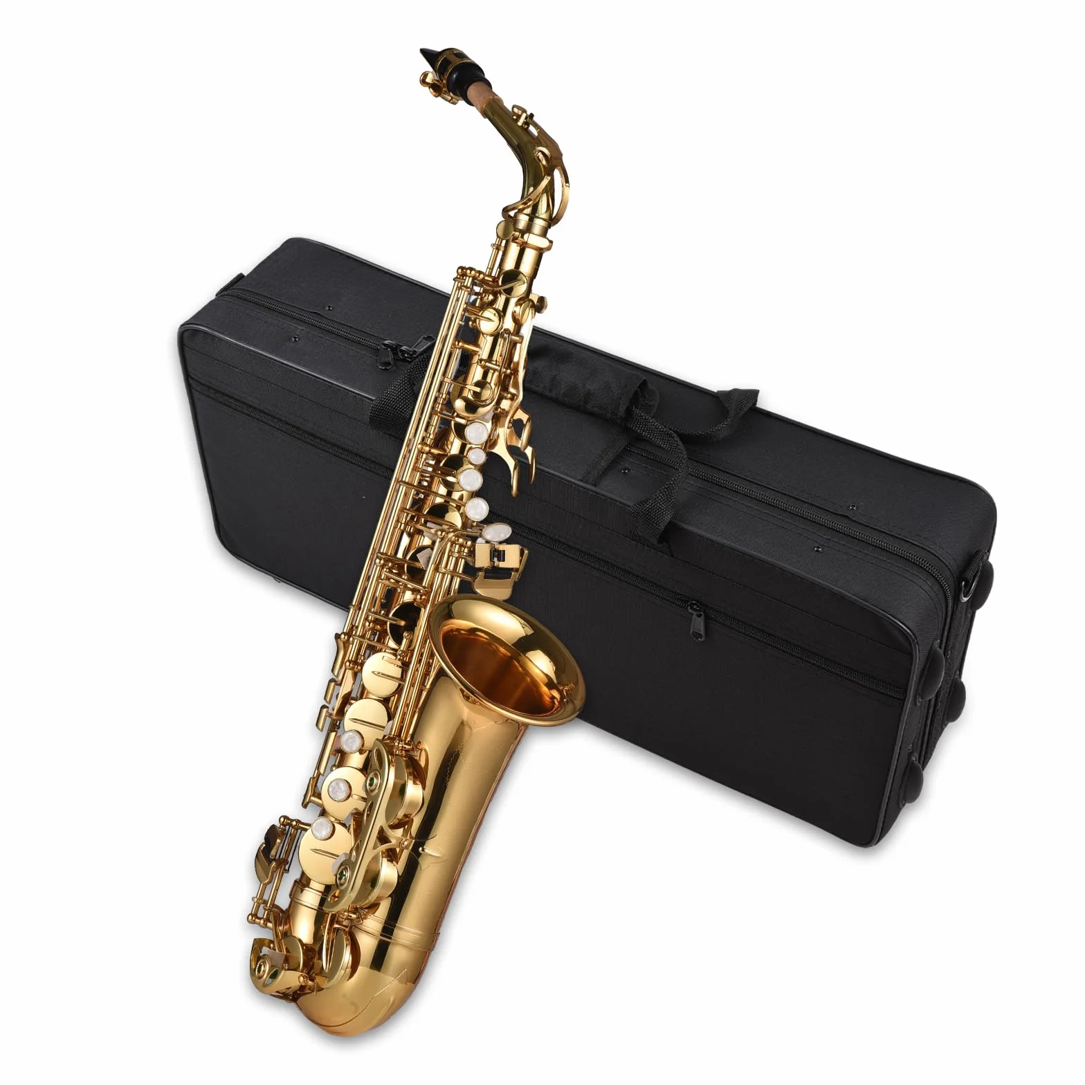 HUIOP Saxofón,Mib Saxofón alto Latón Lacado Saxofón alto Instrumento de viento con estuche de transporte Guantes Correas Paño de limpieza y cepillo Cañas silenciadoras para saxofón Almohadilla para bo