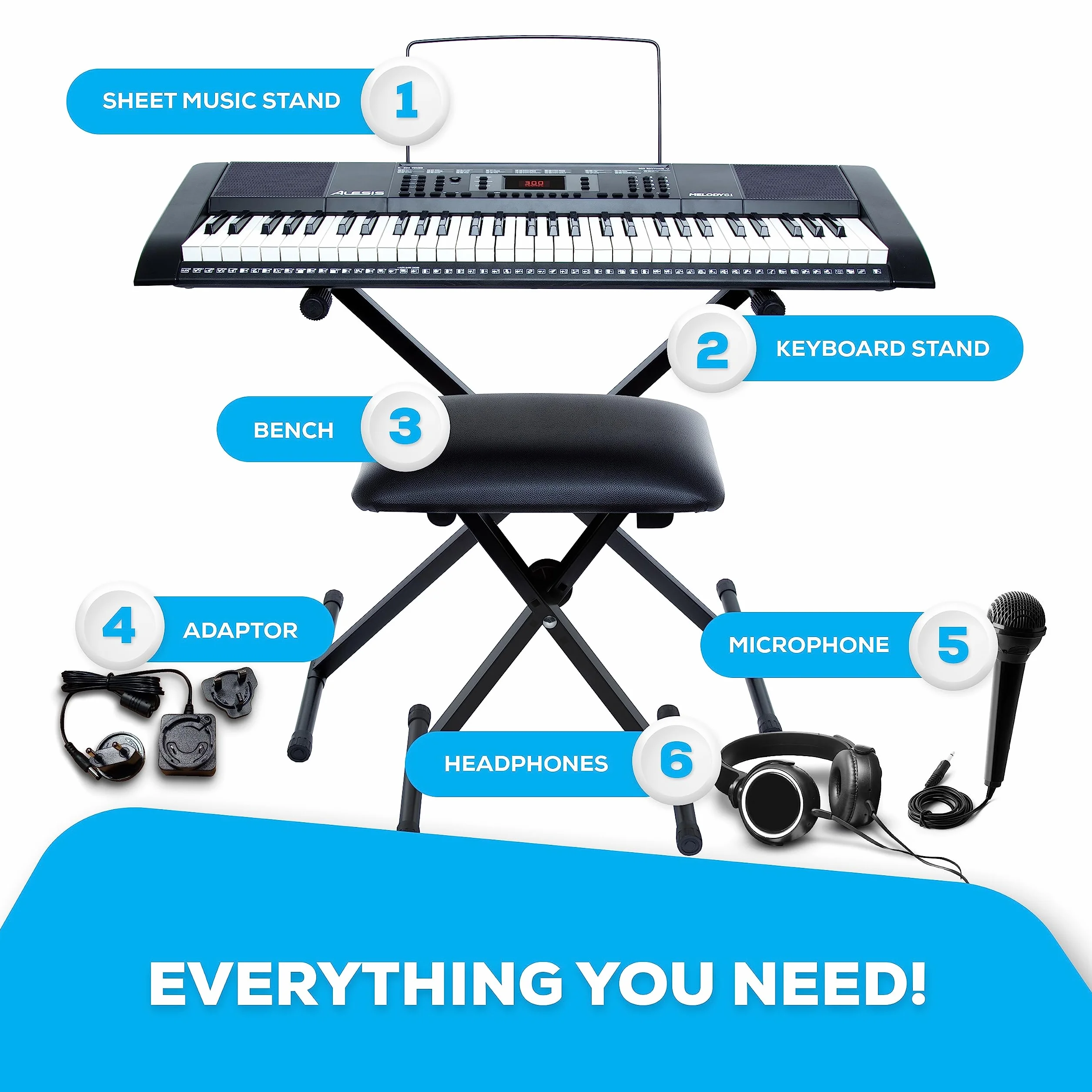 Alesis Melody 61 - Teclado de piano electrico para principiantes con altavoces, soporte, banqueta, auriculares, micrófono, atril, 300 sonidos y lecciones de música, Modelo Antiguo