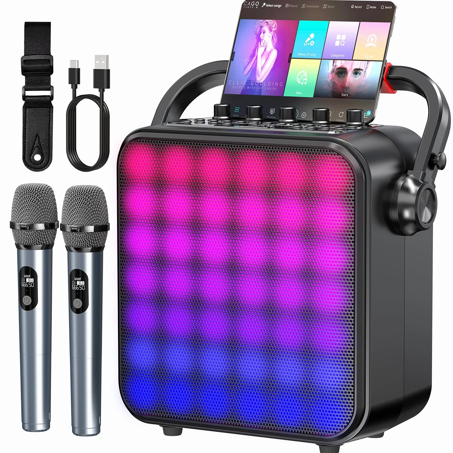 Karaoke 2 Microfonos Inalambricos, Portatil Altavoz Karaoke Profesional con Sistema PA y Pantalla LED de Pantalla Completa, Compatible con Bluetooth/TF/USB/AUX/TWS para Fiestas en Casa