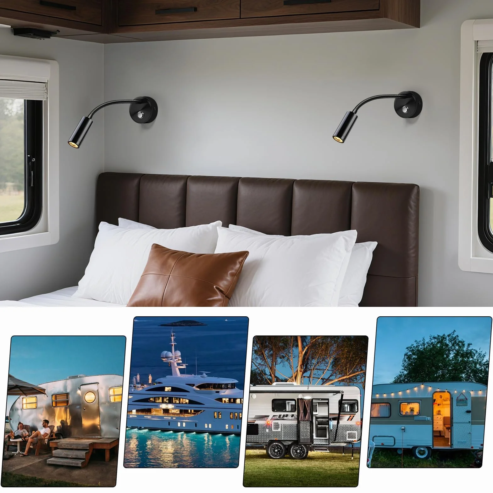ERWEY 2pcs LED Lámpara de Lectura 12V Autocaravana, Táctil Regulable 3000K-6000K Brillo Ajustable, 360 ° Flexible Cuello de Cisne Luz de Cama Conectores USB A + C Barco Iluminación Interior, Negro