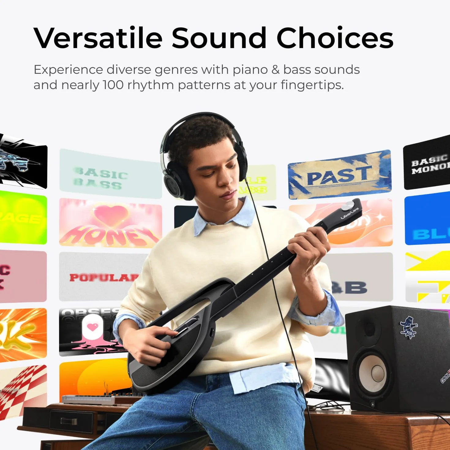 LiberLive C1 Stringless Smart Guitarra, Travel Backup guitarra plegable, generador de acordes, App Interactive Accords Blades, Tambor incorporado y línea de bajo
