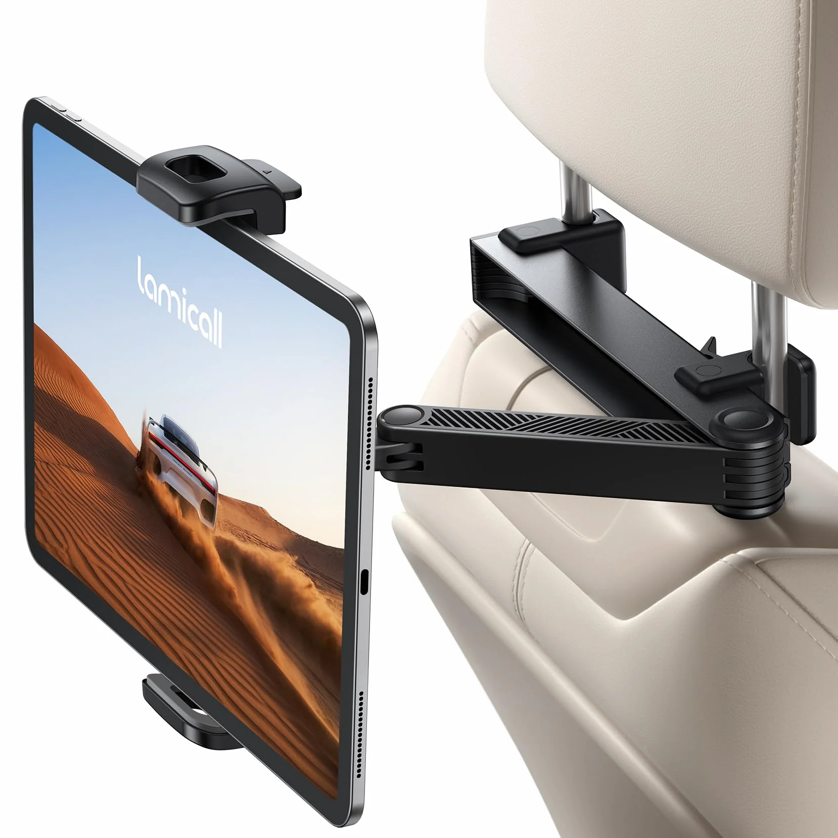 Lamicall Soporte Tablet Reposacabezas Coche - [con Cerradura] [Brazo de Extensión Biaxial Mejorado] 360°Rotación, Soporte Coche para iPad Pro, Air, Mini, Switch y Otros 4,7 a 13" Móvil y Tablet