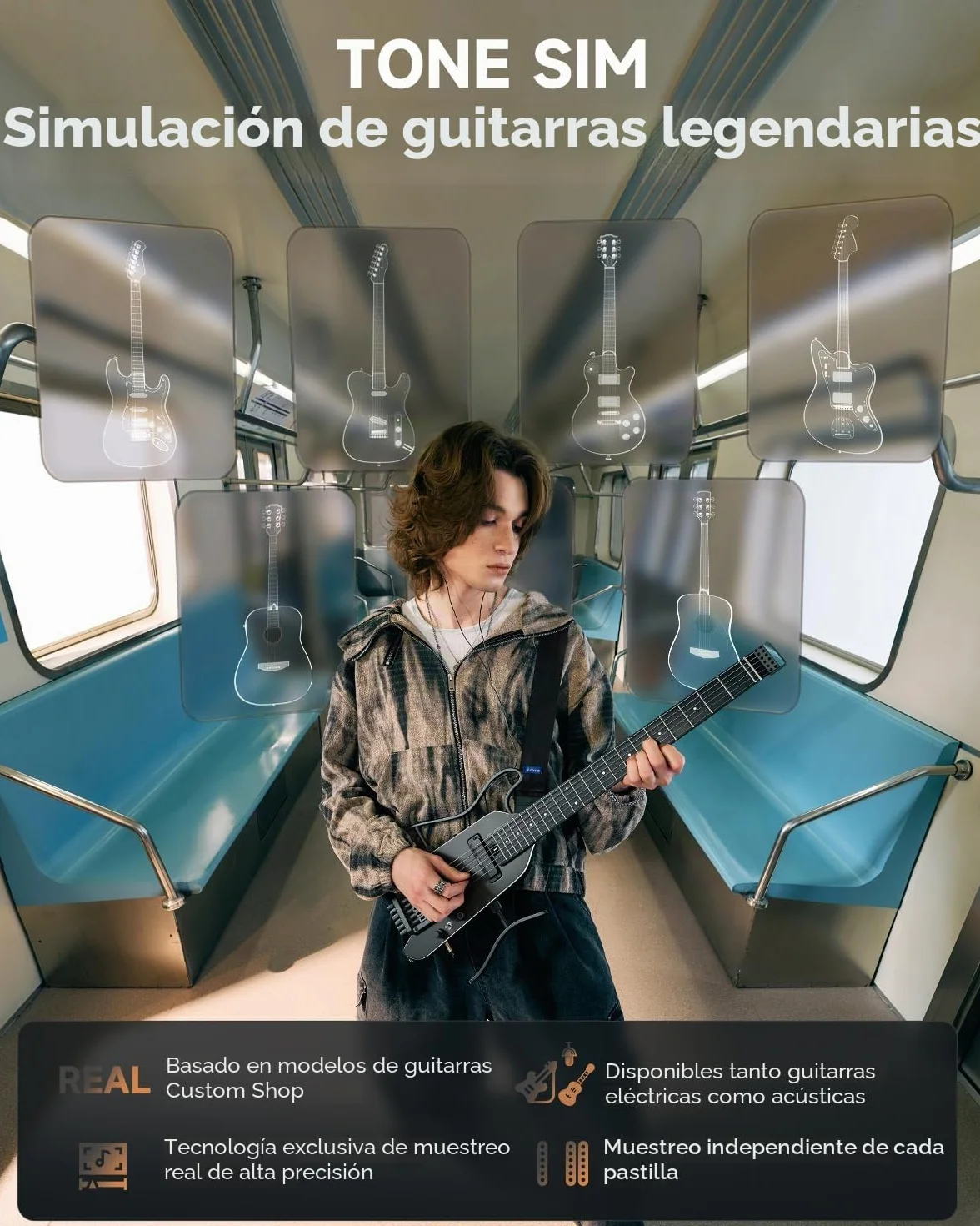 Donner HUSH X PRO Kit de guitarra eléctrica – Guitarra de viaje inteligente con docenas de combinaciones preestablecidas, 7 opciones de simulación de tono, Negro