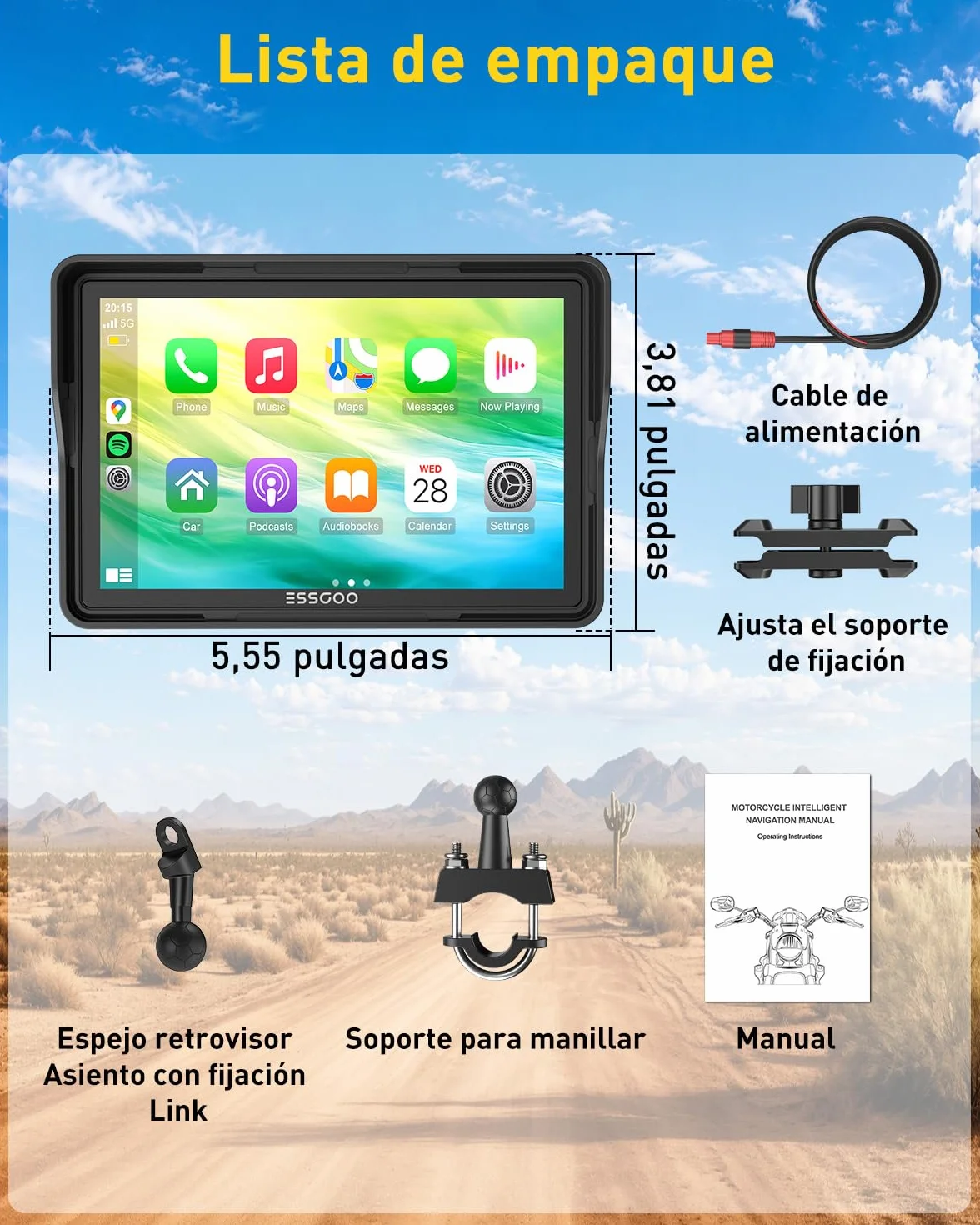 ESSGOO Carplay Moto 5 Pulgadas Pantalla Táctil, Android Auto GPS Navegador, Inalámbrico, IP67, Dual Bluetooth