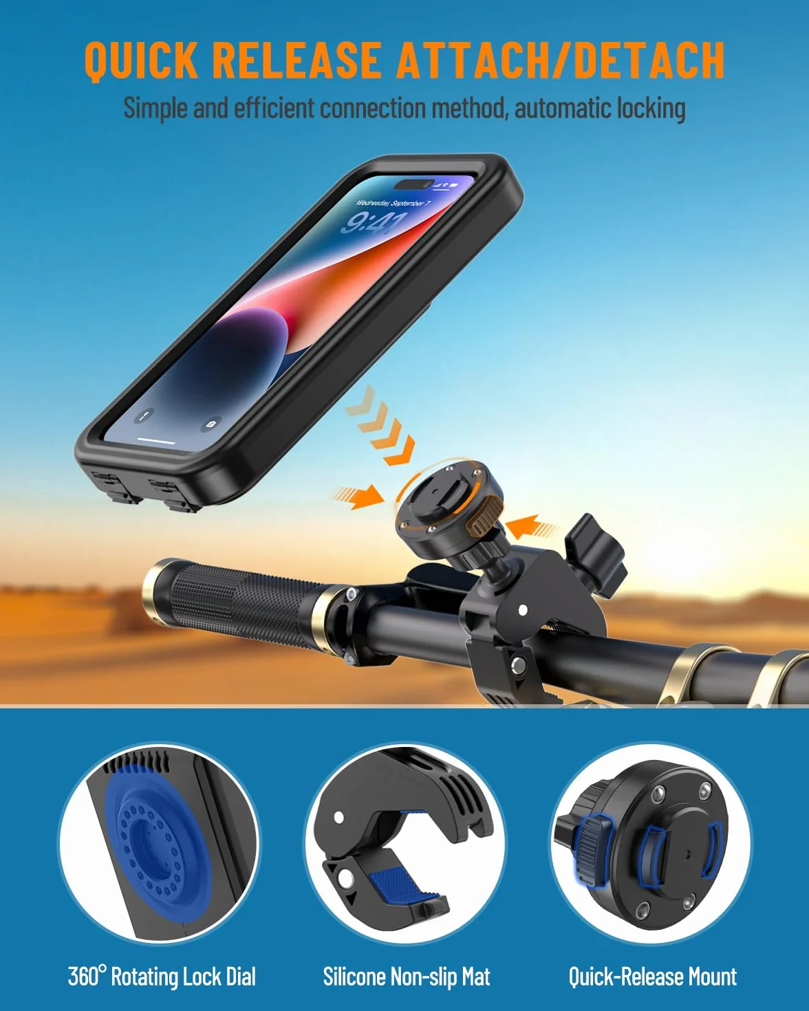 Soporte Móvil Moto Impermeable 360° Rotación para Teléfono 4,7-6,9" Bicicleta Scooter