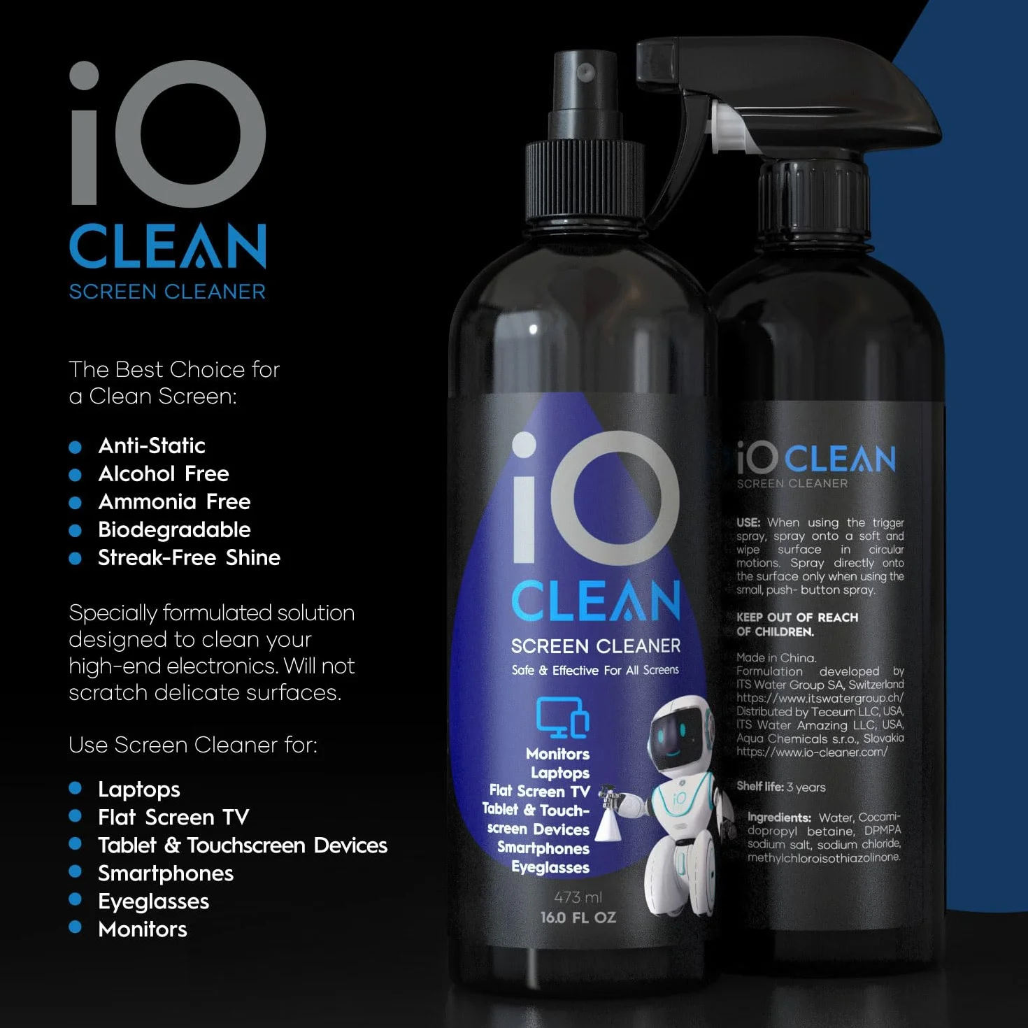 iO Clean Spray Limpiador de Pantalla 16 oz (473 ml) Kit de Limpieza Grande para TV LCD LED OLED