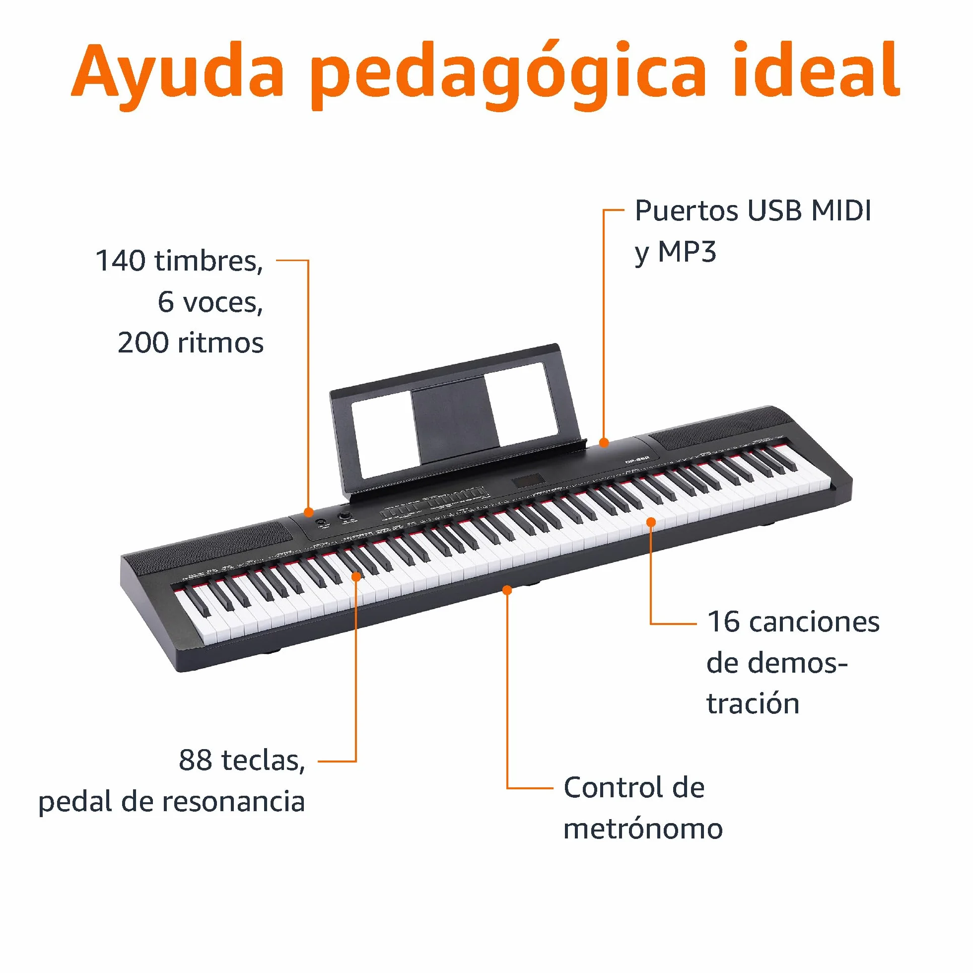 Amazon Basics Piano Digital Portátil de 88 Teclas Semicontrapesadas con Pedal de Sustain, 2 Altavoces, 140 Timbres, 200 Ritmos, 16 Canciones de Demostración, Metrónomo, Modo Lección - Negro
