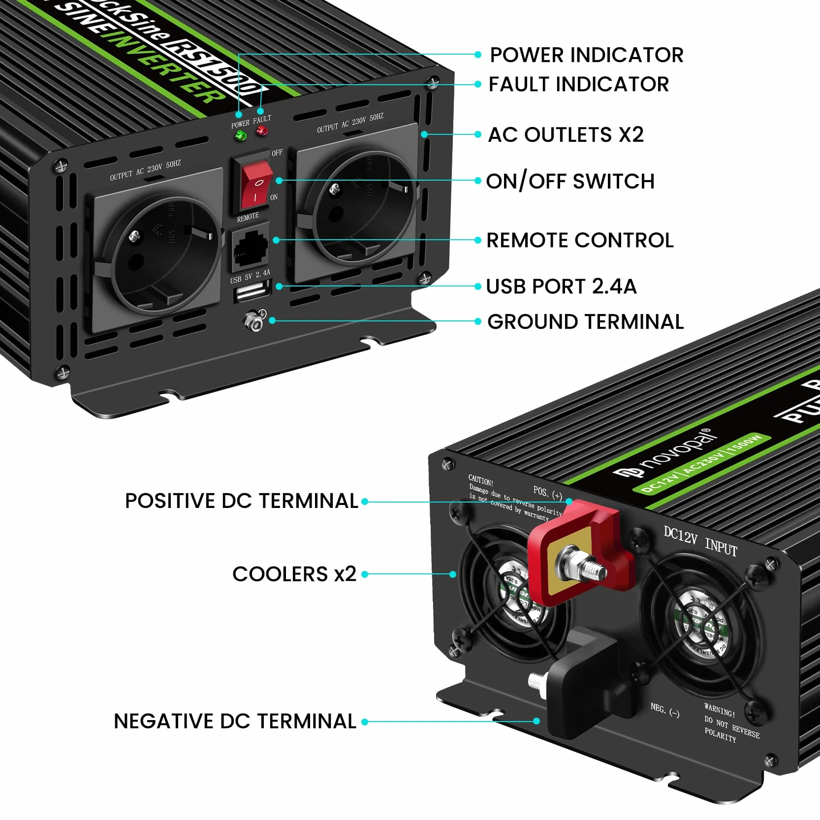 NOVOPAL 1500W Convertidor de Voltaje de Onda Sinusoidal Pura de Coche-Convertidor de Coche 12v a 230v Convertidor - Convertidor de Inversor con 2 Enchufes EU y Puerto USB