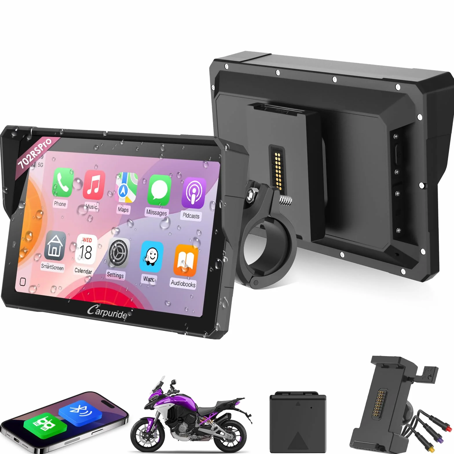 CARPURIDE W702RS Pro Motocicleta Carplay Pantalla con Radar BSD y BM05 Soporte, Inalámbrico CarPlay y Android Auto, 7" Impermeable Táctilpantalla, Intercomunicador, Dual Bluetooth, Cable Controlador.