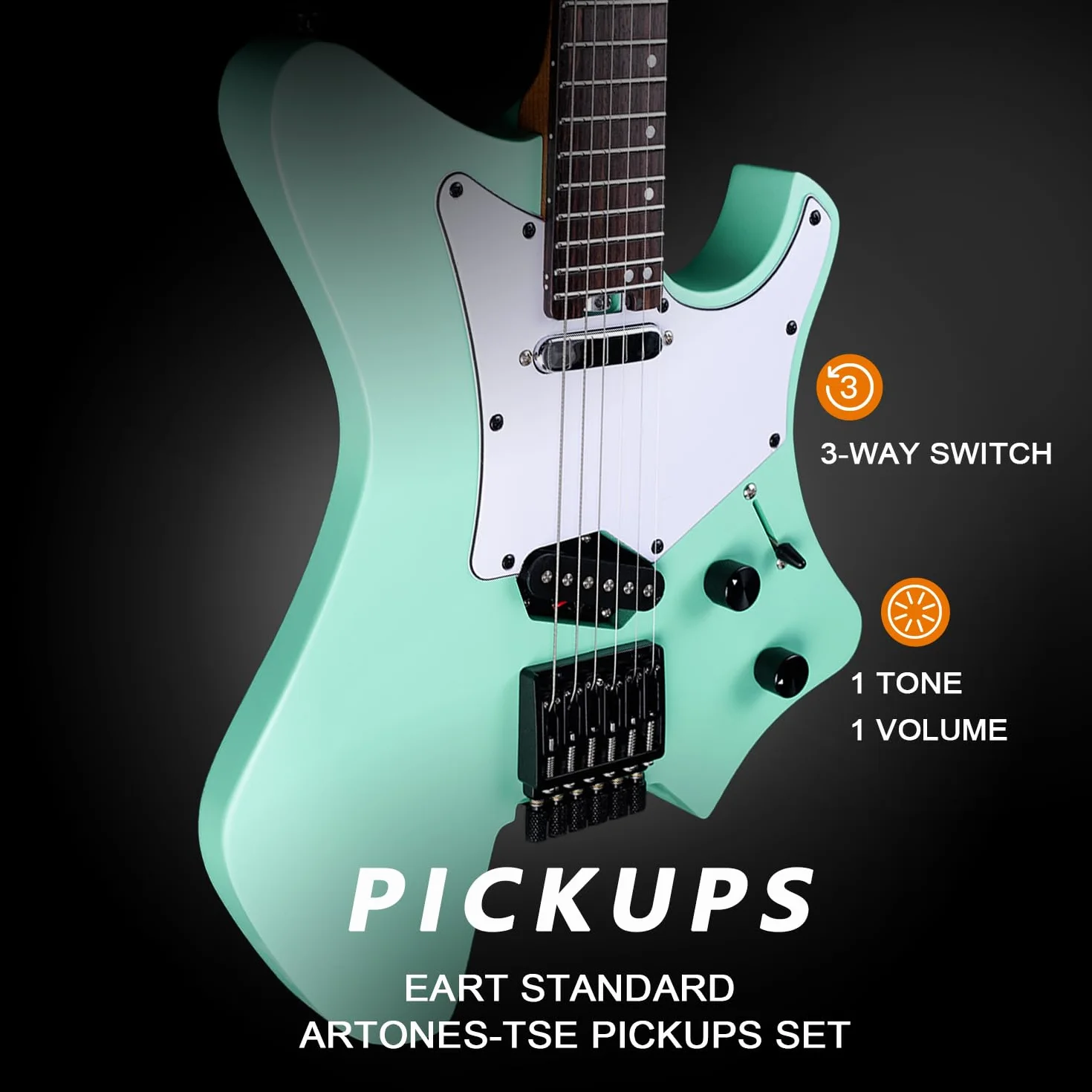 EART GW2TP-SE Guitarra eléctrica sin cabeza con cuerpo de caoba tostada, pastillas Artones-TSE, extremos redondeados, trastes medianos jumbo de acero inoxidable (verde)