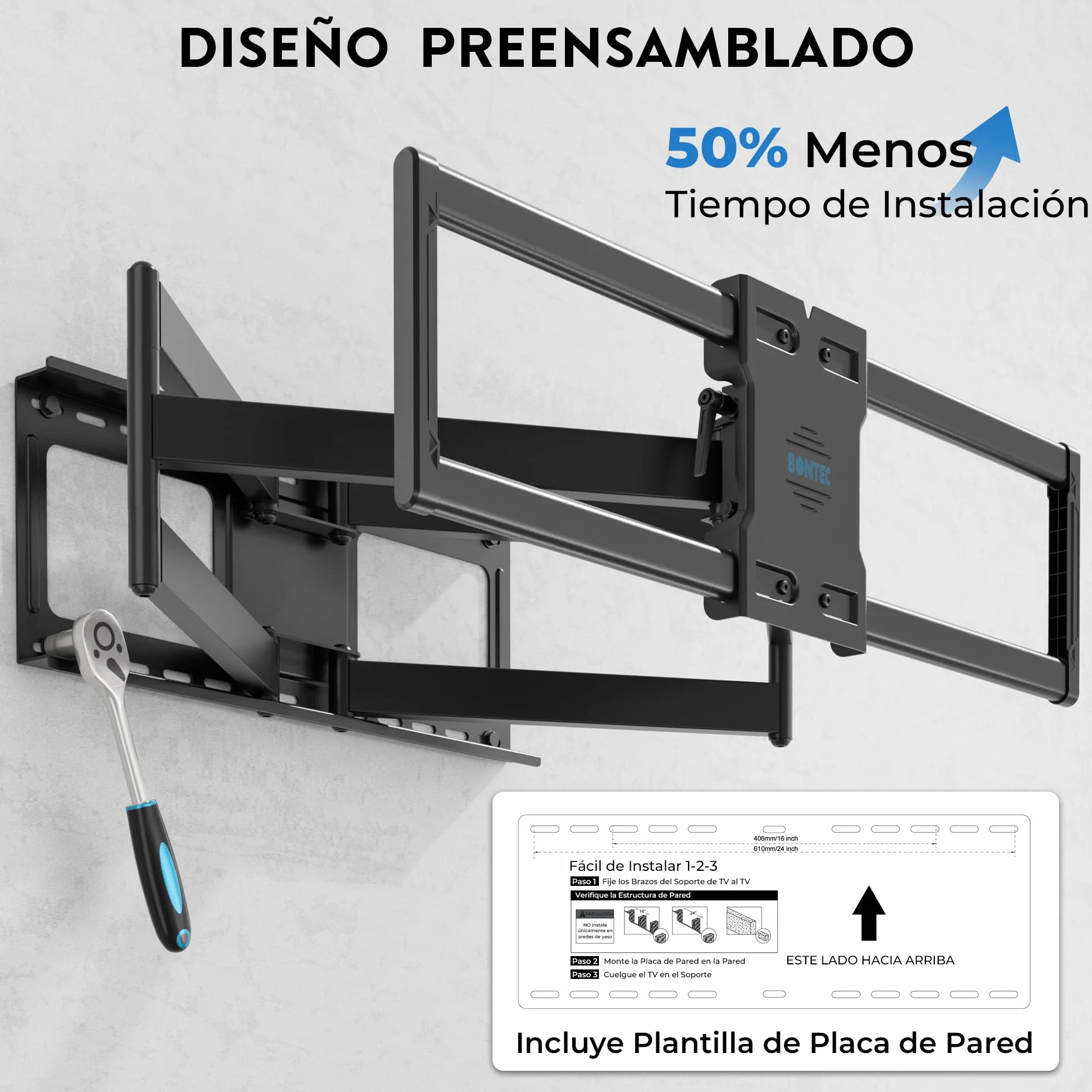 BONTEC Soporte TV Pared de 60-110 Pulgadas, Soporte Television Pared Giratorio e Inclinable, Extensión de 1016 mm, VESA 800x600 mm, Carga 125 kg, para Televisores Planos, Curvos y Pantallas Grandes
