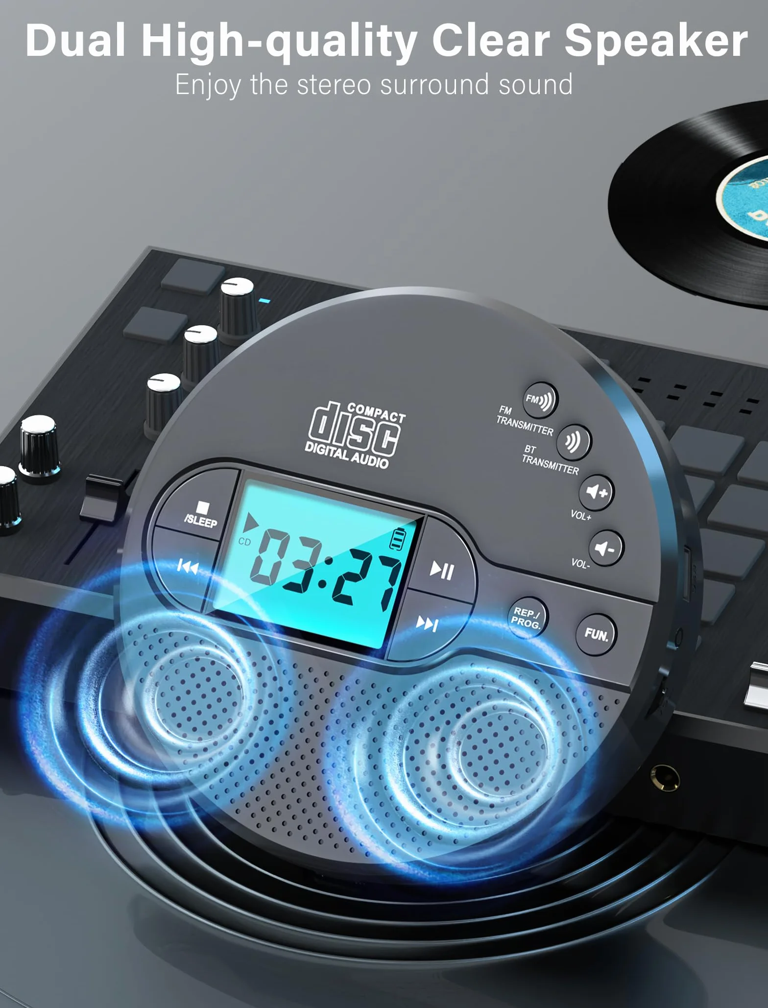 Reproductor de CD con transmisor FM Bluetooth, pantalla LCD, 2000 mAh recargable, gris claro