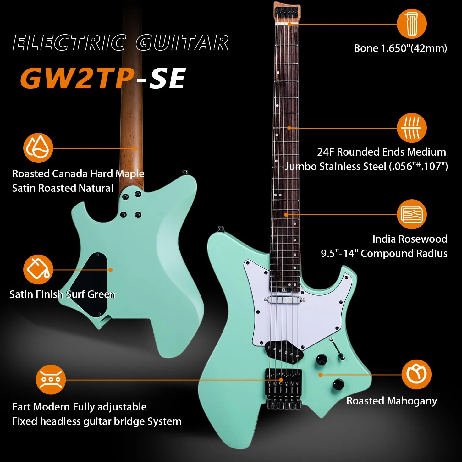 EART GW2TP-SE Guitarra eléctrica sin cabeza con cuerpo de caoba tostada, pastillas Artones-TSE, extremos redondeados, trastes medianos jumbo de acero inoxidable (verde)