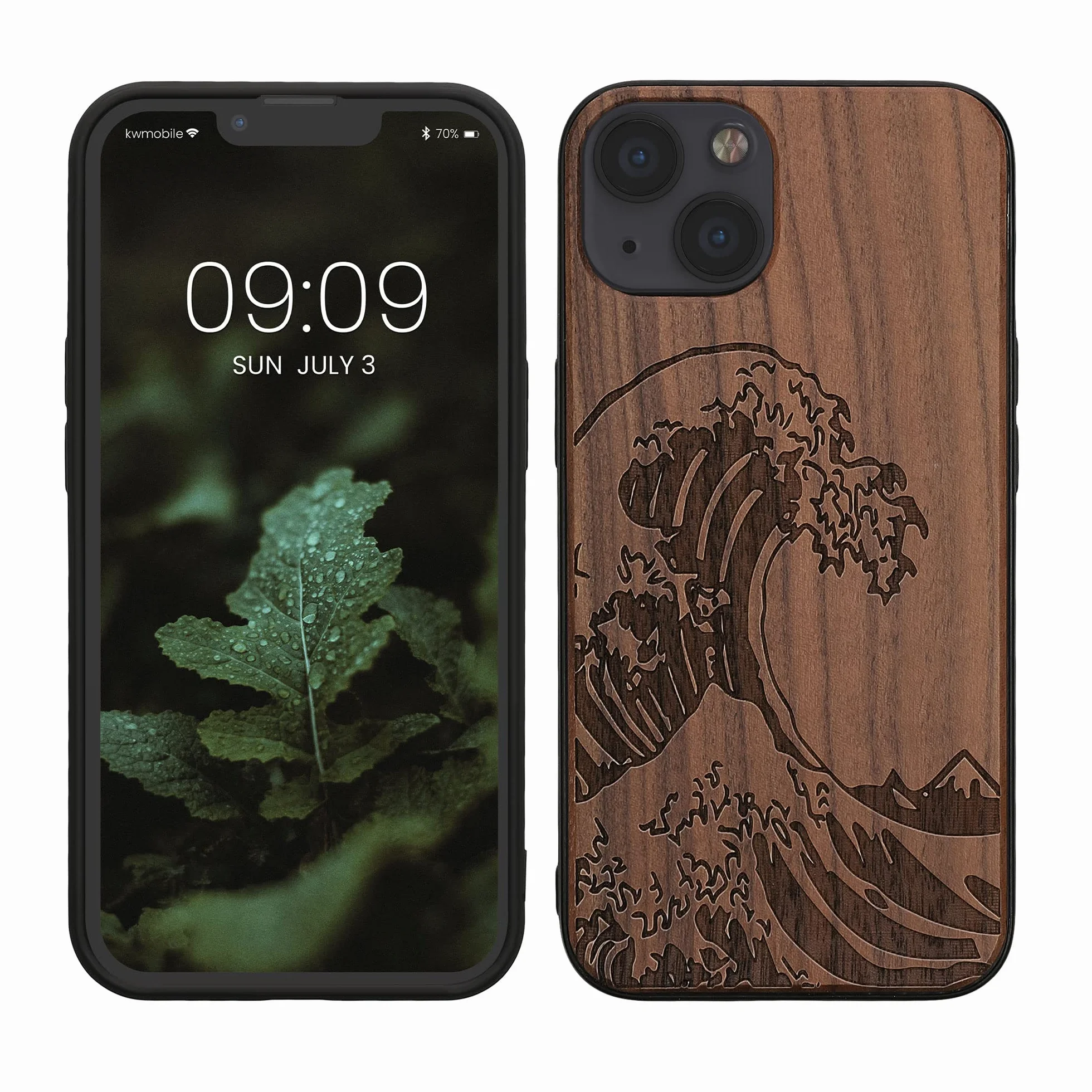 kwmobile Funda de Madera Compatible con Apple iPhone 13 con Bumper Antigolpes - Estampa Japonesa