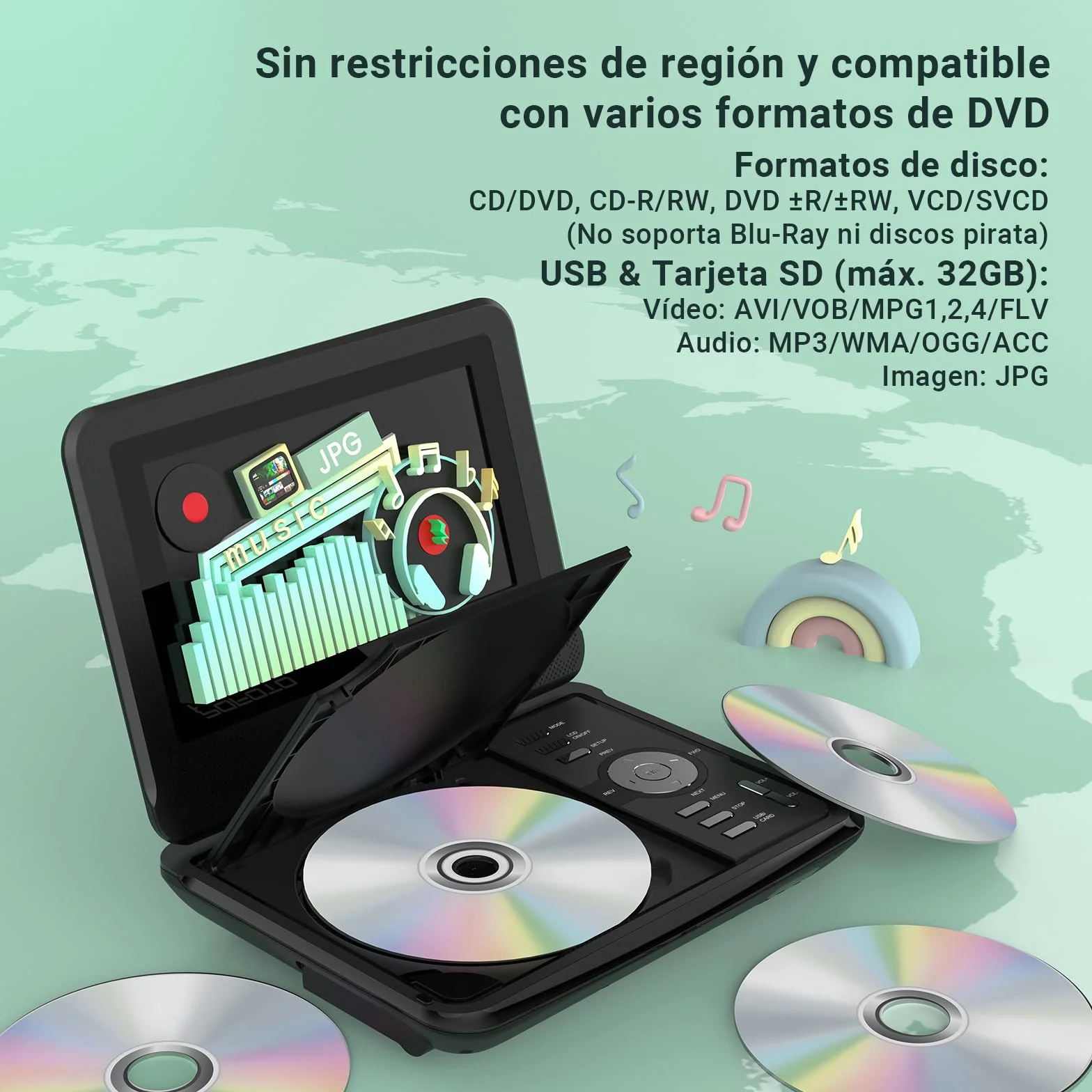 POFOTO Reproductor DVD portátil 9,5'' Pantalla giratoria HD 7,5'' 6h Autonomía Altavoz estéreo Discos/SD/USB Sincronización TV Antigolpes Negro
