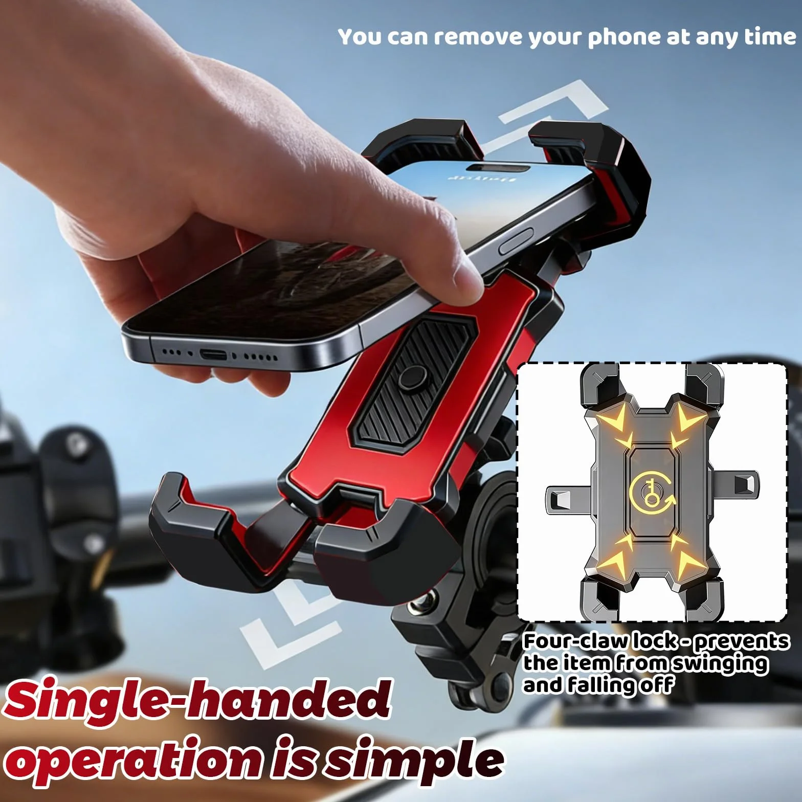 WiDream Universal Suporte Telemóvel M-Oto Giratorio 360°, [Bloqueo con un Botón] [Sujeción Segura] Soporte Móvil Moto, Teléfono Soporte Movil Scooter Moto MTB Bici, Cerradura 1s y Protección Segura