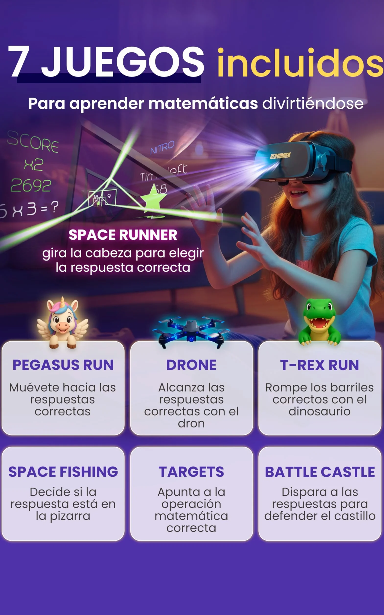 Gafas VR HeroMask + Juegos Matemáticas 5-12 años — El Regalo Educativo Que Hace Que los niños pidan: ¿5 Minutos más? | Tablas de Multiplicar, Sumas, Cálculo Mental y Mucho más | 3D, Realidad Virtual