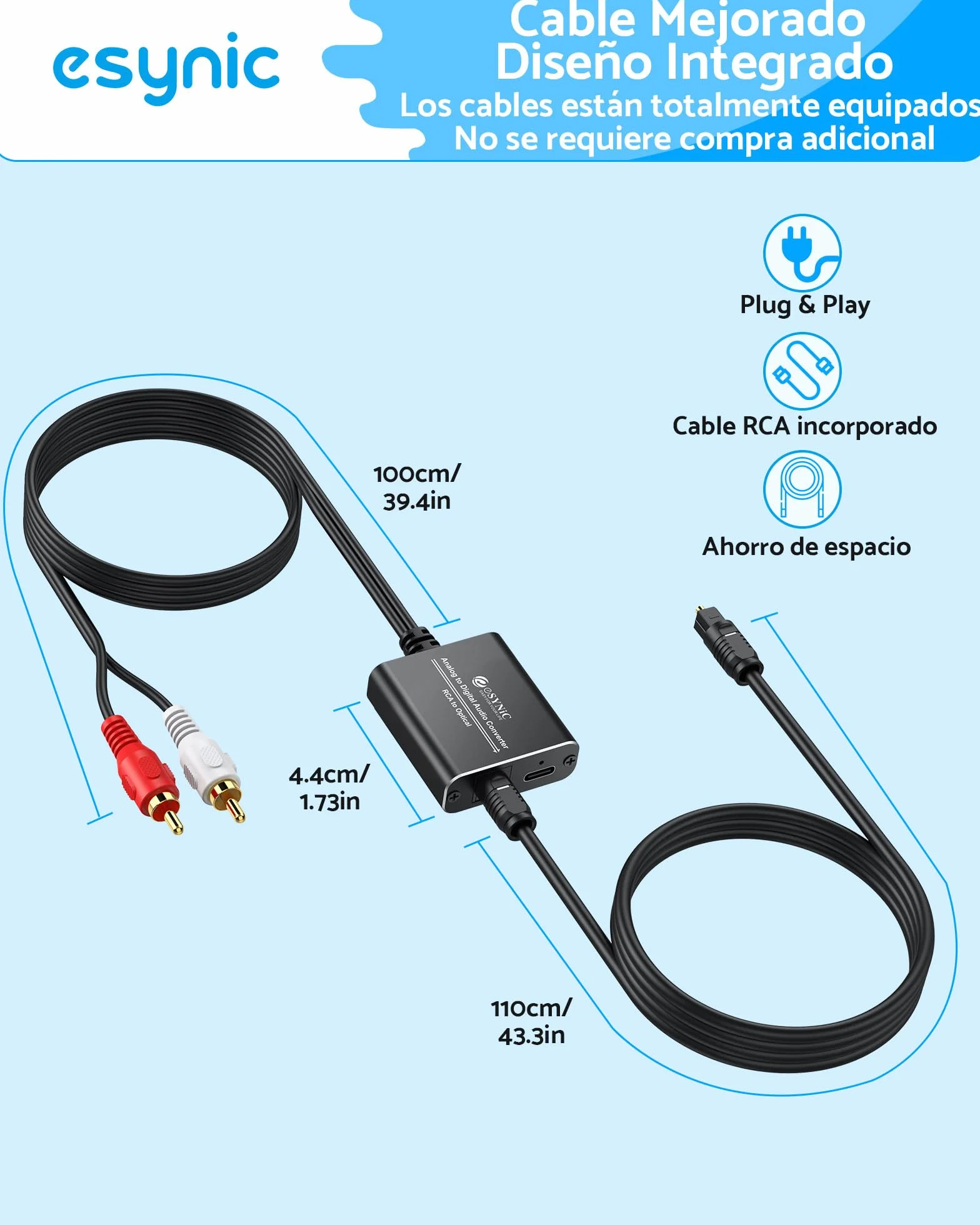 eSynic Convertidor RCA a Óptico, Audio Analógico a Digital, Toslink SPDIF, Aleación de Aluminio, Cable Macho para Barra de Sonido