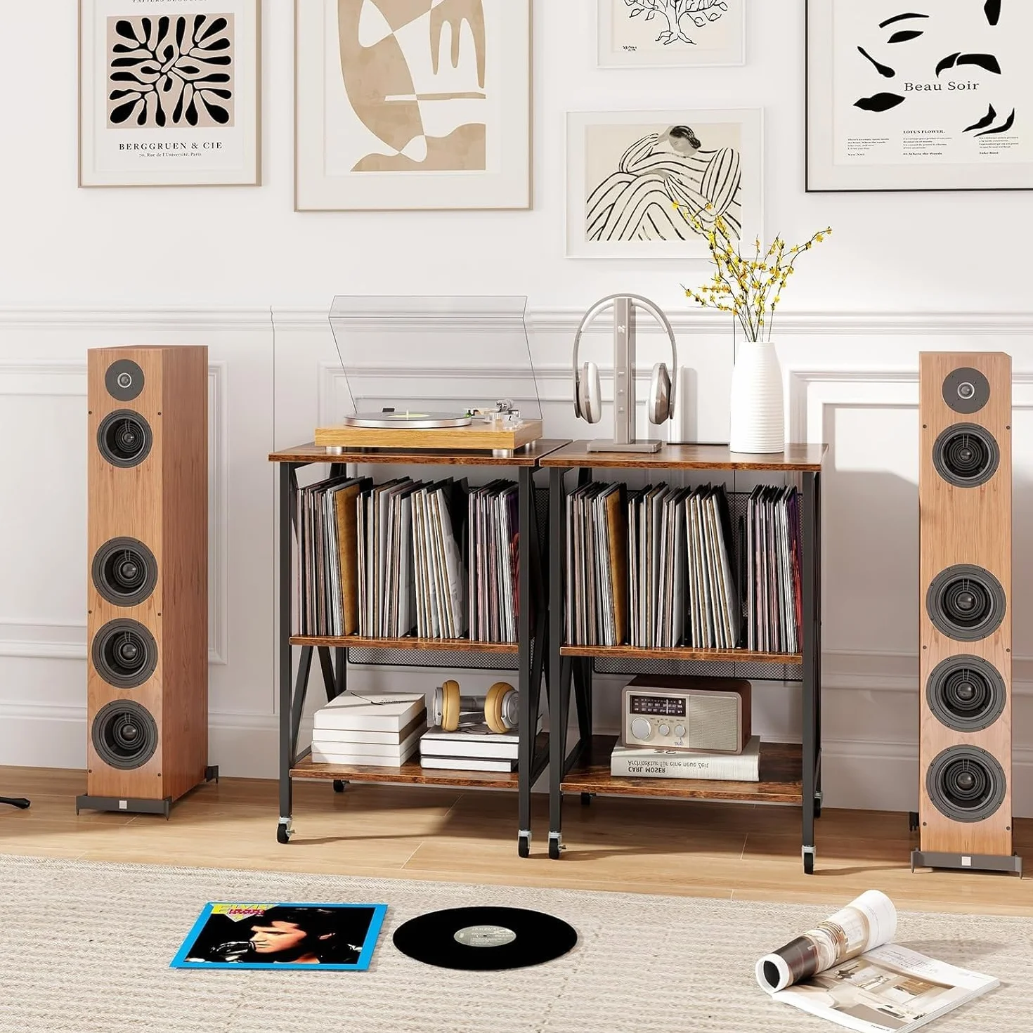 GIANTEX Soporte para Tocadiscos con Estación de Carga, 52 x 45 x 75 cm, Mesa Auxiliar con Espacio para Almacenar Discos de Vinilo, con 4 Ruedas, Estantería de Discos para Salón, Dormitorio (Marrón)
