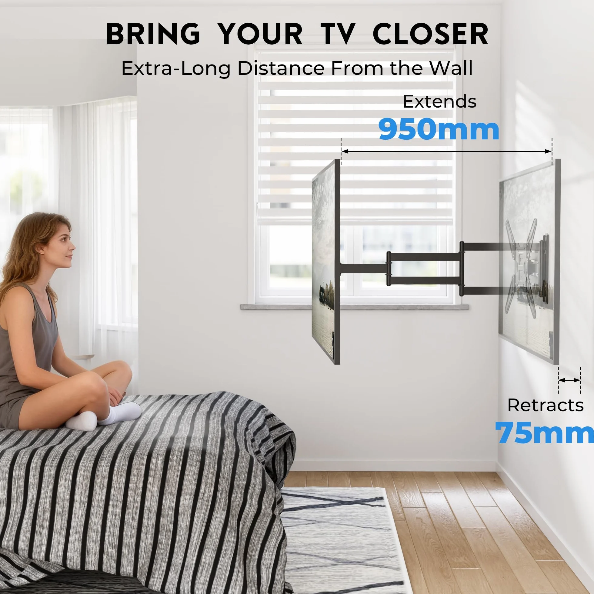 BONTEC Soporte TV Pared 26-65 Pulgadas, Brazo Extensible 950 mm, Inclinable Giratorio, Carga 35 kg, VESA 400x400 mm