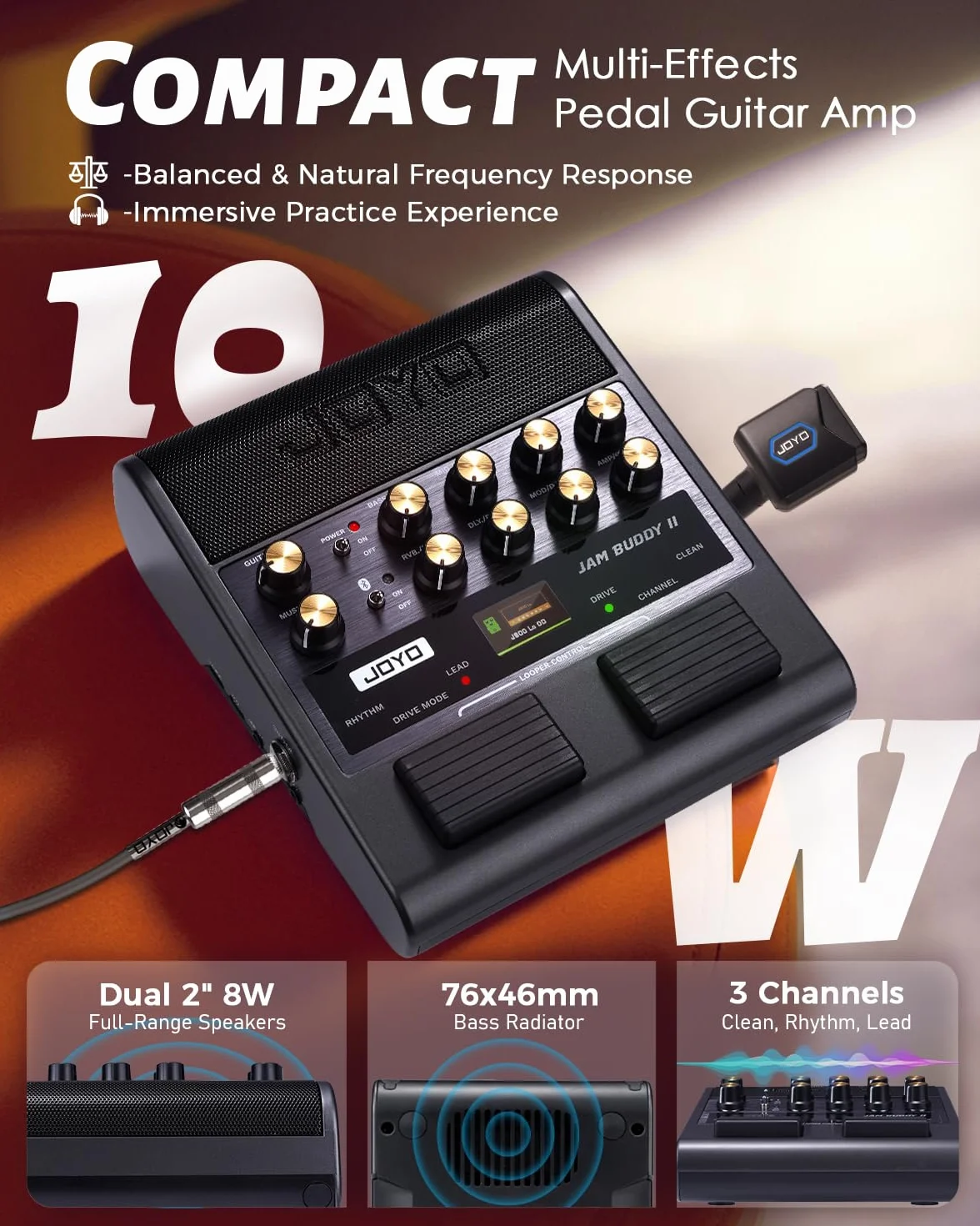 JOYO Amplificador Combo de Guitarra, 10 W, portátil, con pedal de efectos múltiple – 14 modelos de amplificación, ecualizador de 3 bandas, 36 ritmos y looper, grabación OTG, Bluetooth (Jam Buddy II