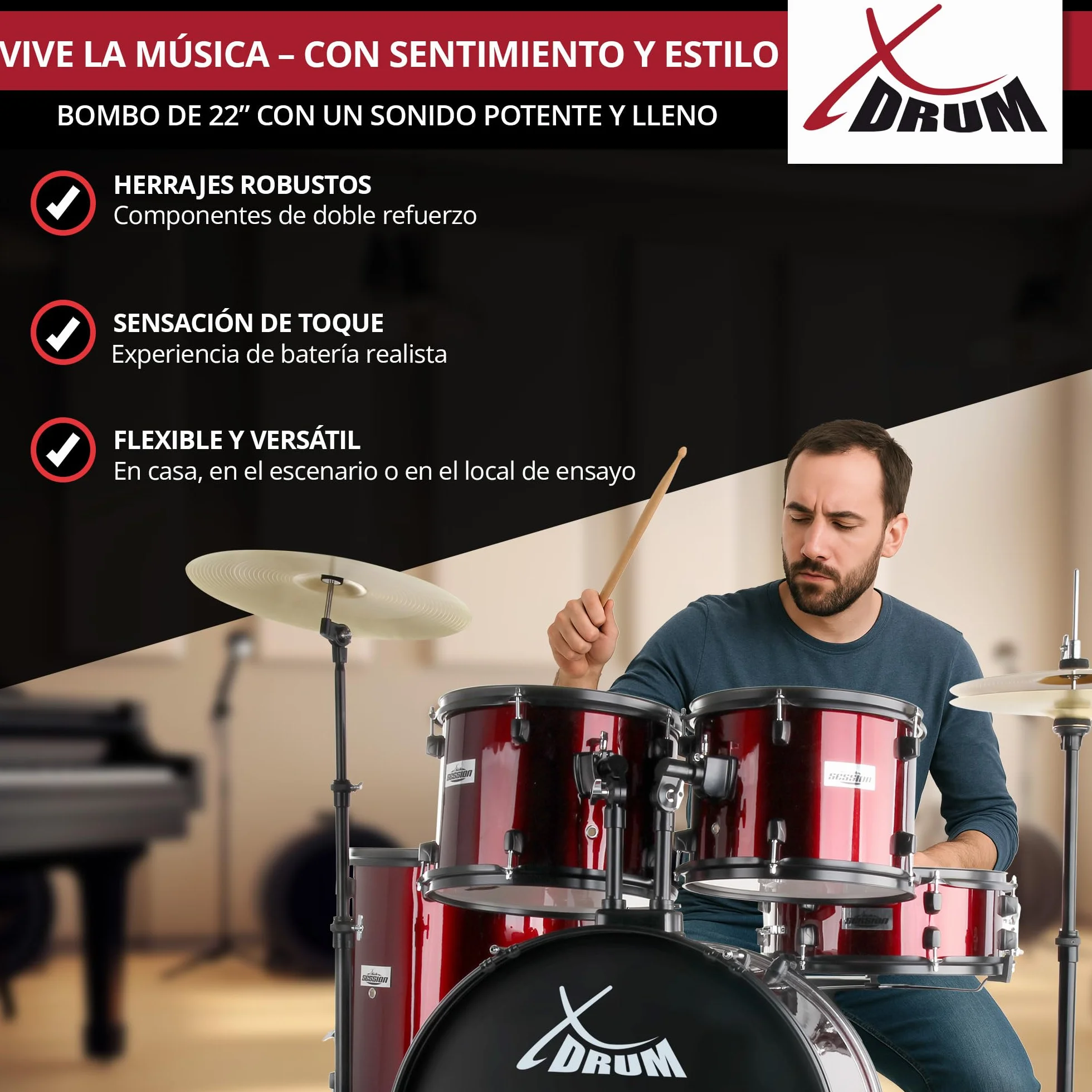 XDrum Rookie 22" Standard Juego Completo de Batería Ruby Red - Ideal para Principiantes - Hardware Estilizada en Negro - Incluye Baquetas 5B, Manual de Montaje y Escuela de Batería - Rojo