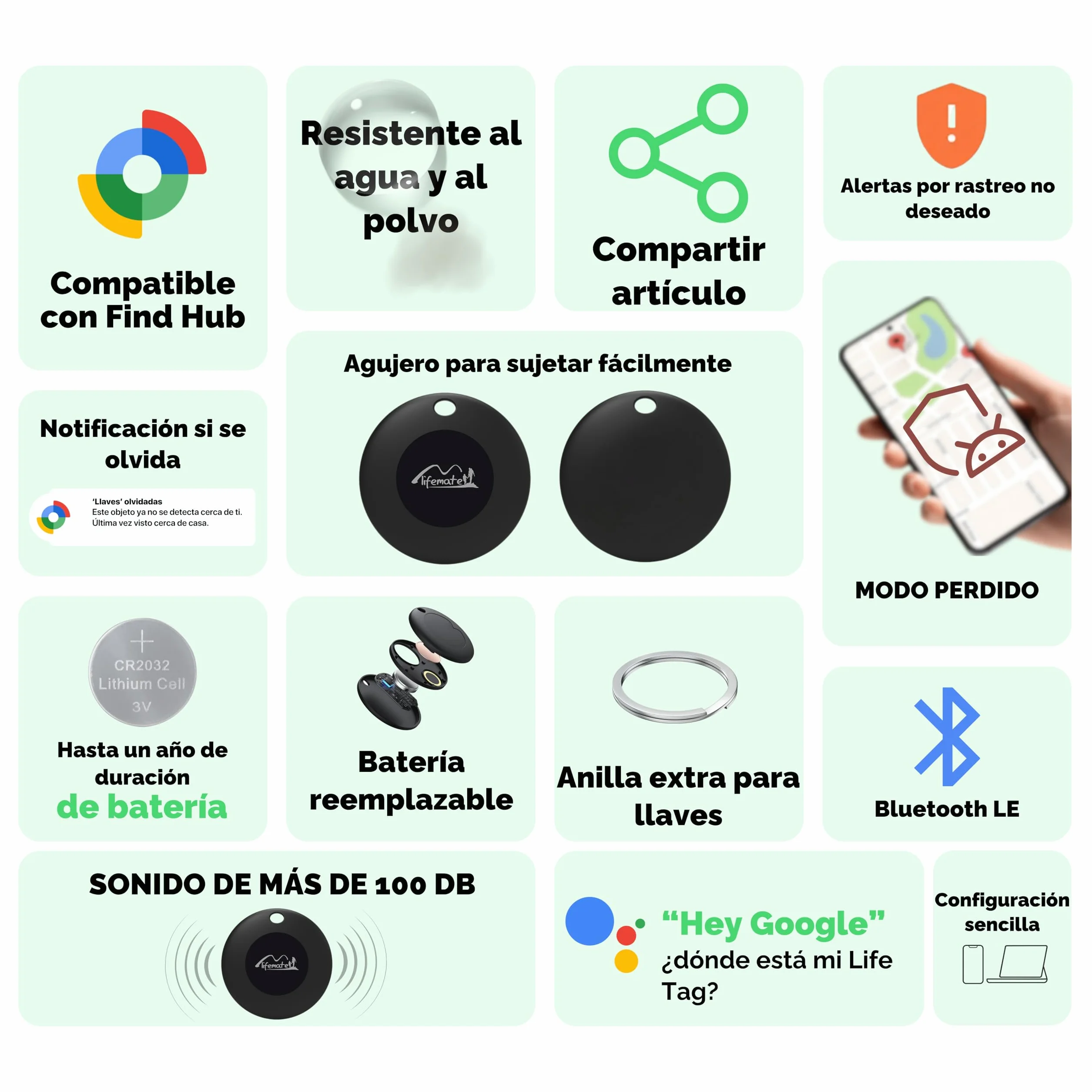Lifemate Life Tag para Android 4-Pack, Air Tag Android Compatible con Localizador de Google, Rastreador Bluetooth Impermeable IP67 con Batería Larga Duración y Diseño Compacto