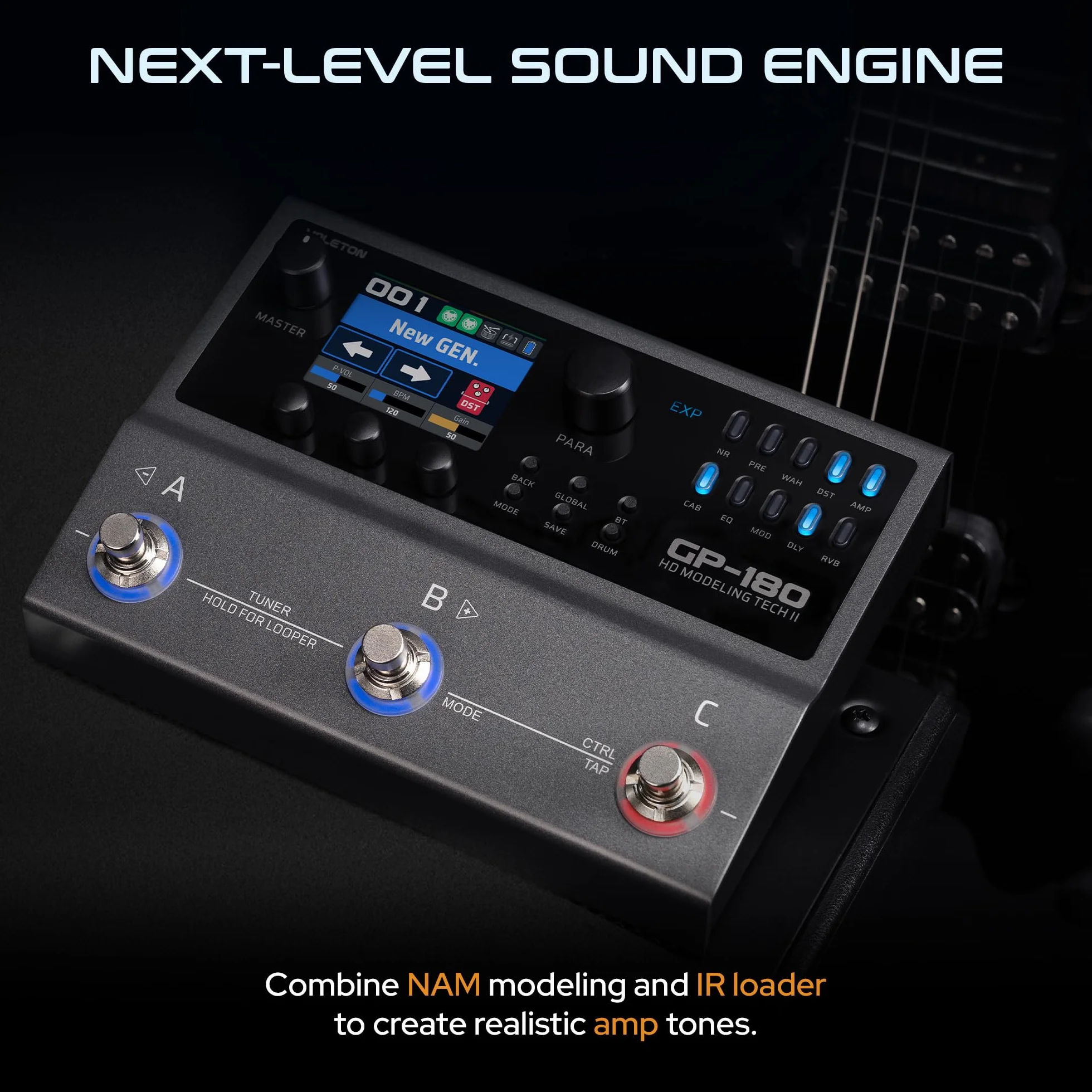 Valeton GP-180 - Procesador multiefecto para guitarra, más de 200 efectos, modelado NAM SnapTone, cargador IR, Looper, caja de ritmos, interfaz de audio USB, Bluetooth MIDI, 3 pedales con interruptor