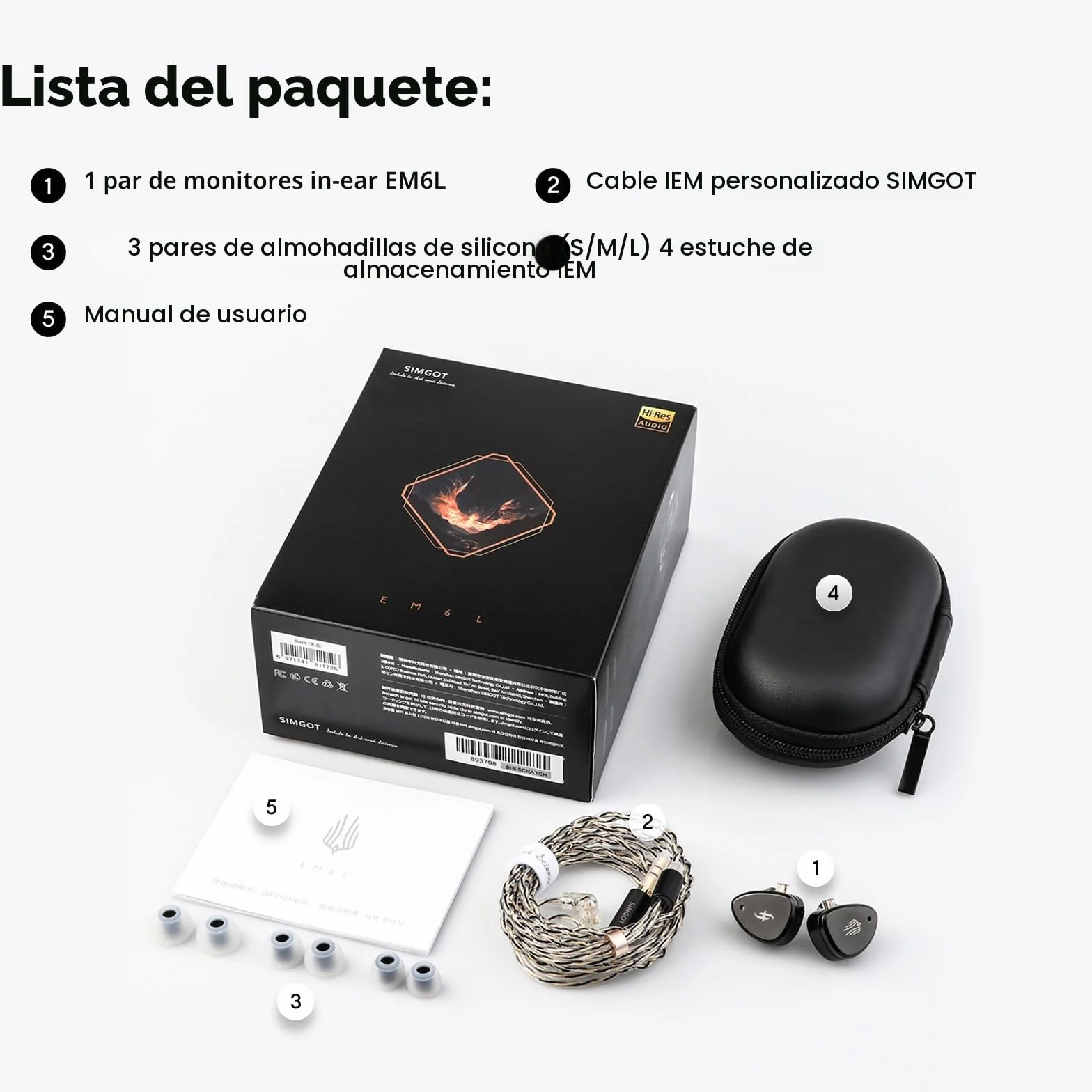LINSOUL SIMGOT EM6L Monitor de Altavoces Híbrido con Carcasa 3D, Auriculares HiFi In-Ear, Cable OFC Plateado Extraíble (Negro, EM6L)