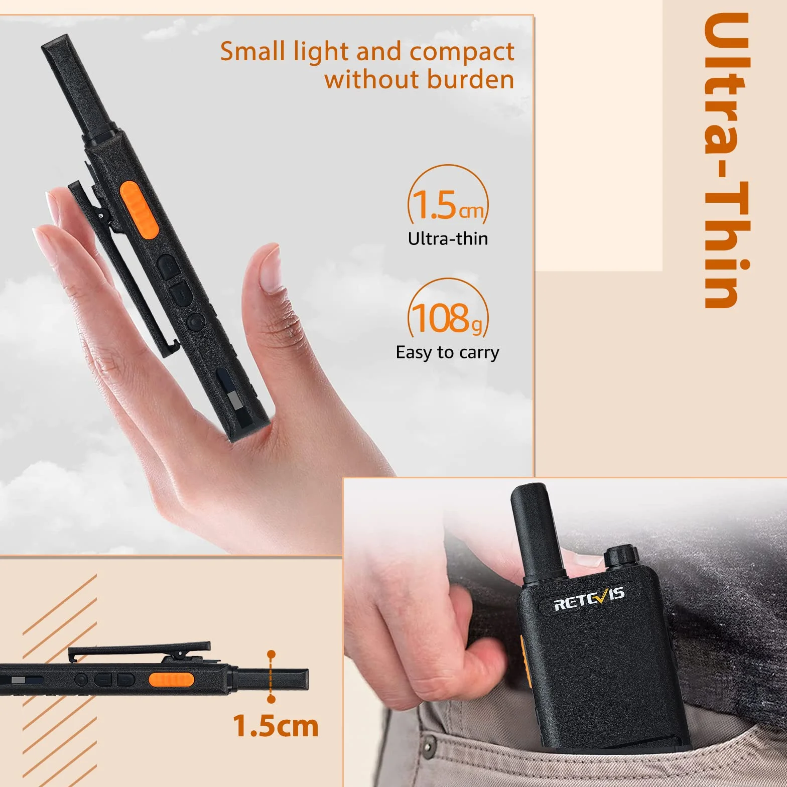 Retevis RT622P Walkie Talkie, 1620mAh PMR446 Mini Walkie Talkie Professional USB-C, Ligero y Compacto, VOX, 15 mm Ultrafino Walkie Talkies Recargable para Camping, Ciclismo, Familia (2 Piezas, Negro)