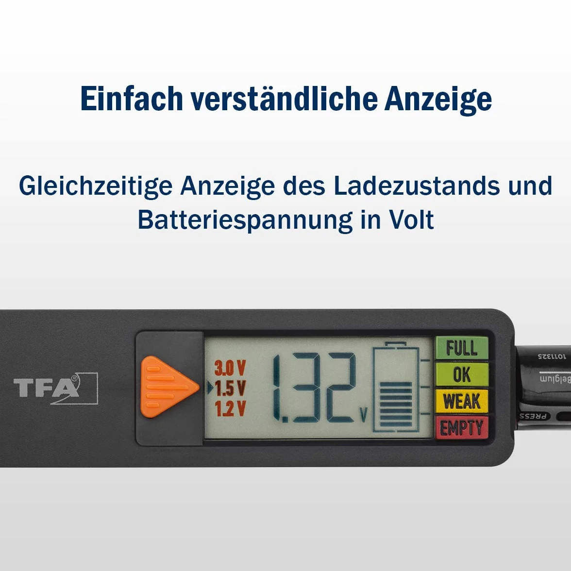 TFA Dostmann BatteryCheck 98.1126.01 - Comprobador de batería para pilas y baterías (AAA,AA,C,D), pila de botón, batería de bloque, indicador de estado de carga, negro, (L)89 (150 x (W) 25 x (H) 27 mm
